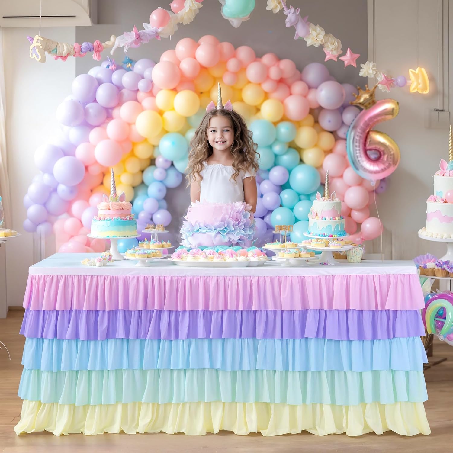 Falda de mesa tutú de unicornio arcoíris de 9 pies para mesas redondas rectangulares, mantel de gasa para decoración de fiesta de cumpleaños de