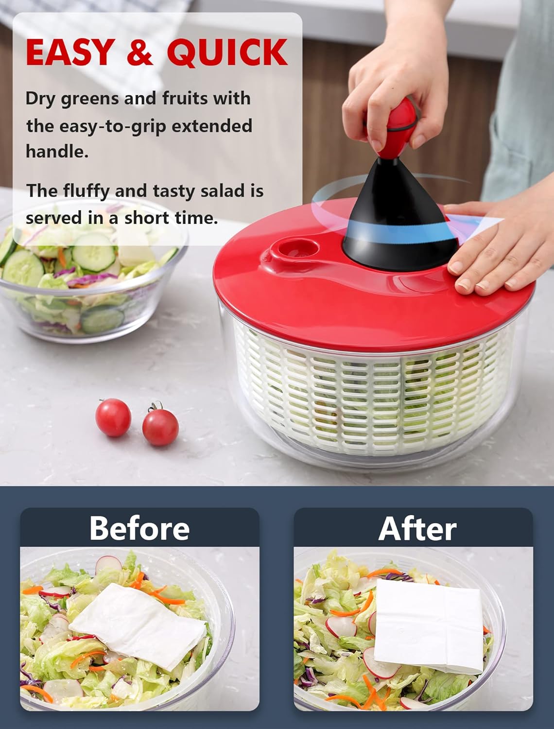 Escurridor de ensalada de gran capacidad de 5 litros, fácil de limpiar, con cuenco, lavadora y secadora, apto para lavavajillas, ideal para verduras