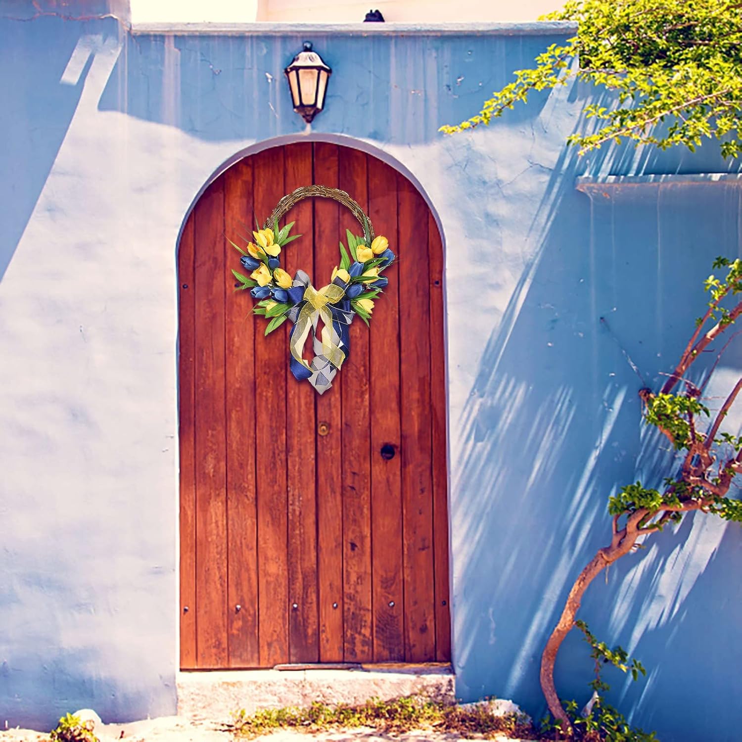 Corona de puerta delantera, corona amarilla y azul, corona de granja para puerta delantera, hogar, pared, boda, mesa, decoración de verano, coronas