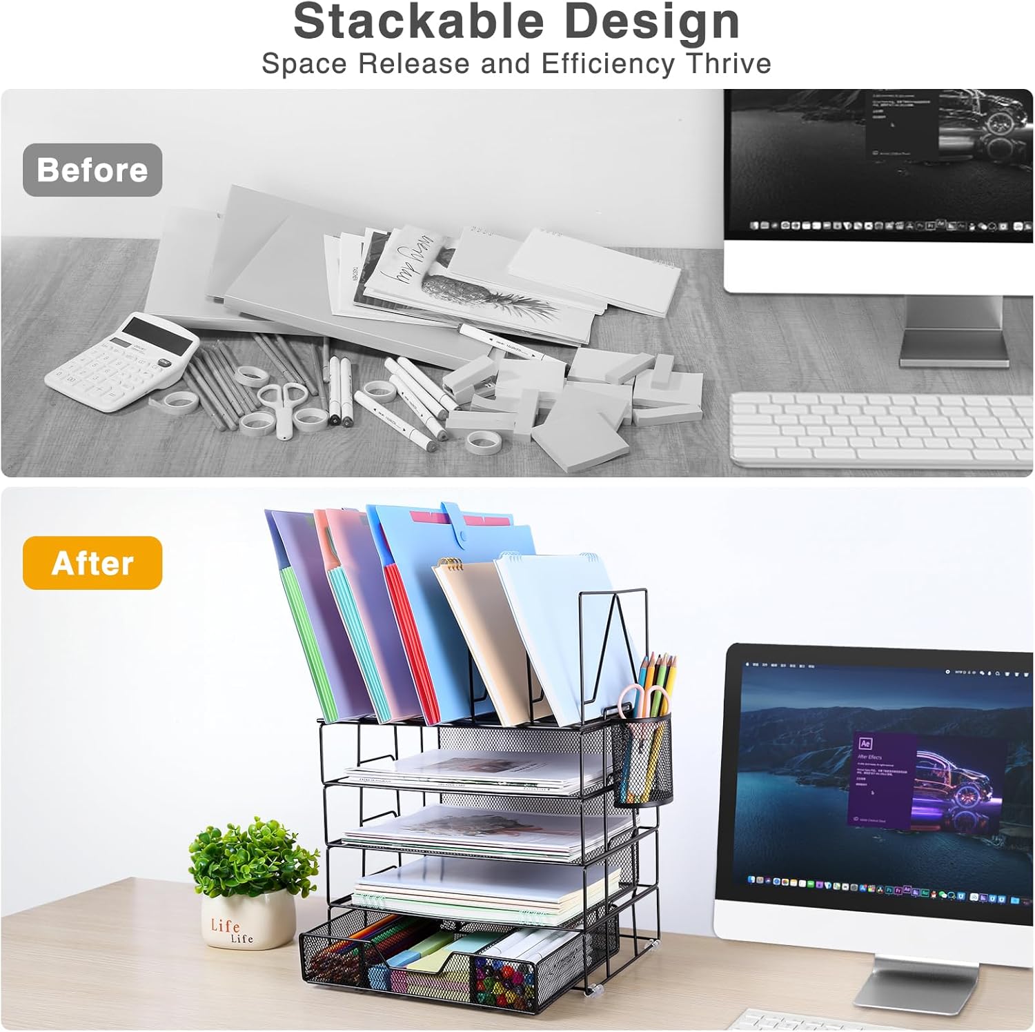 Housmile Organizadores y accesorios de escritorio, organizador de escritorio de 5 niveles con clasificadores de archivos, bandeja de papel, cajón y