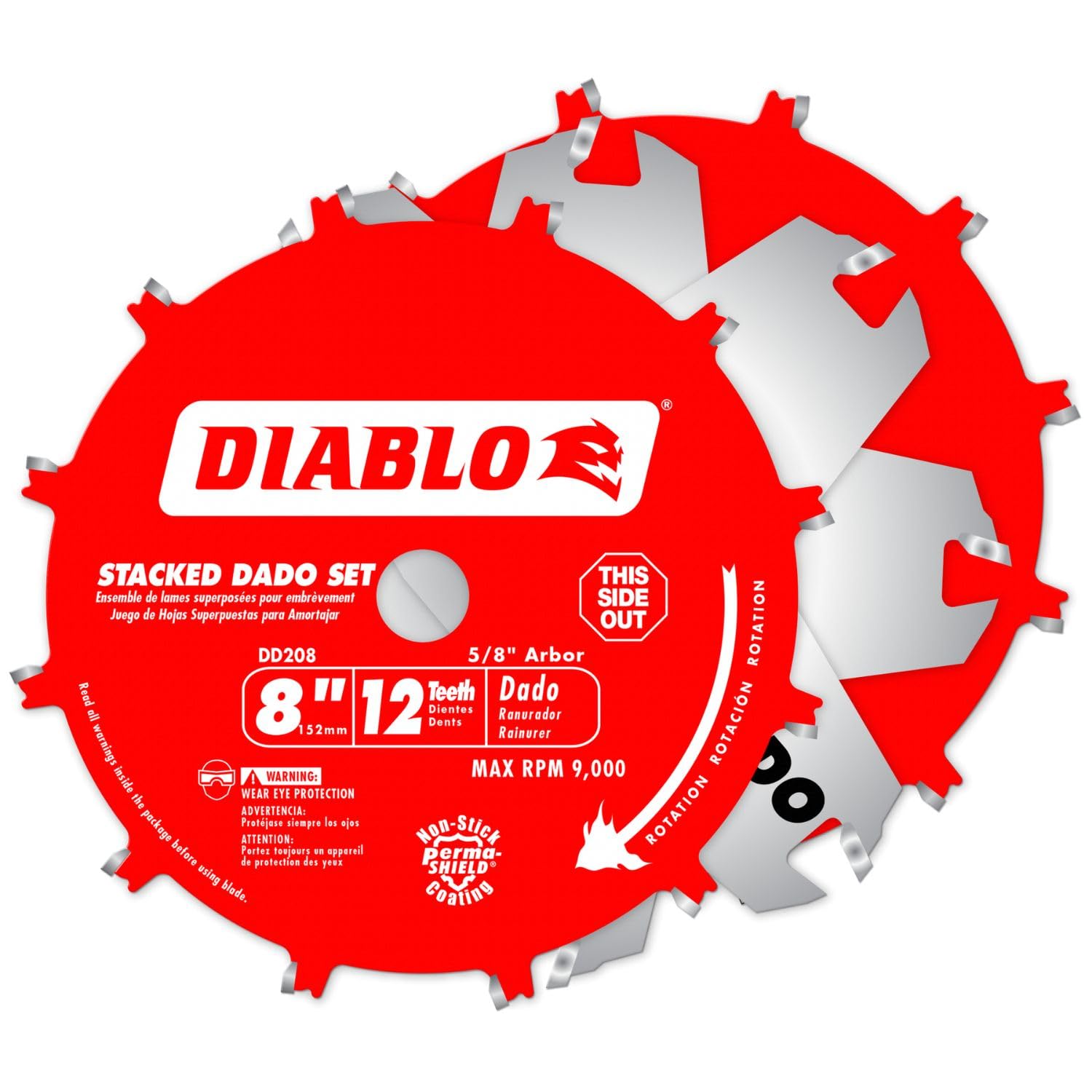 Diablo Juego de hojas de sierra Dado apiladas de carburo – 2 cuchillas, 2 astilladoras de alas, cuñas y estuche de transporte – 8 pulgadas de