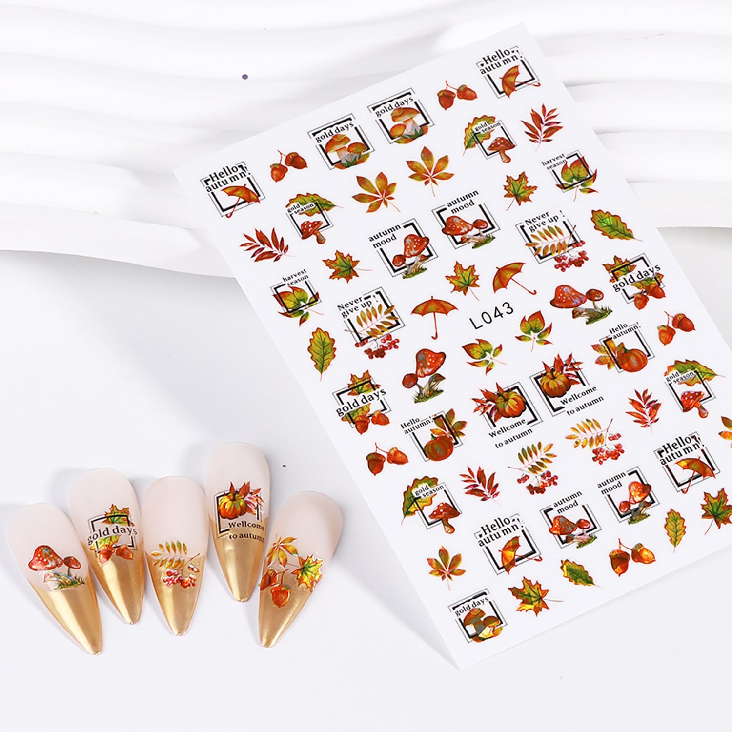 Calcomanías de arte de uñas de hoja de arce de otoño, hojas de otoño 3D, diseño de calabaza y hongos para uñas, decoración de calcomanías de