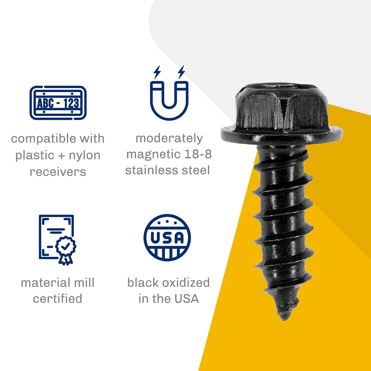 Tornillos negros para matrícula, acero inoxidable 18-8, acabado de óxido negro aplicado en los Estados Unidos por Makers Bolt (paquete de 4)