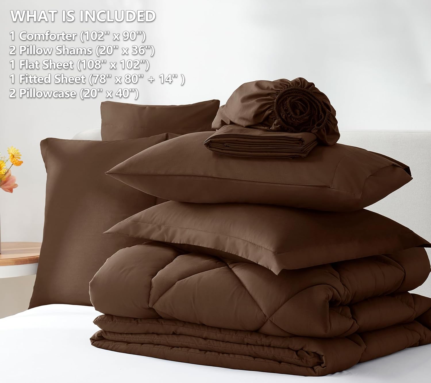 CozyLux Juego de edredón King con sábanas de 7 piezas, ropa de cama en una bolsa, color marrón, para todas las estaciones, con edredón, fundas de