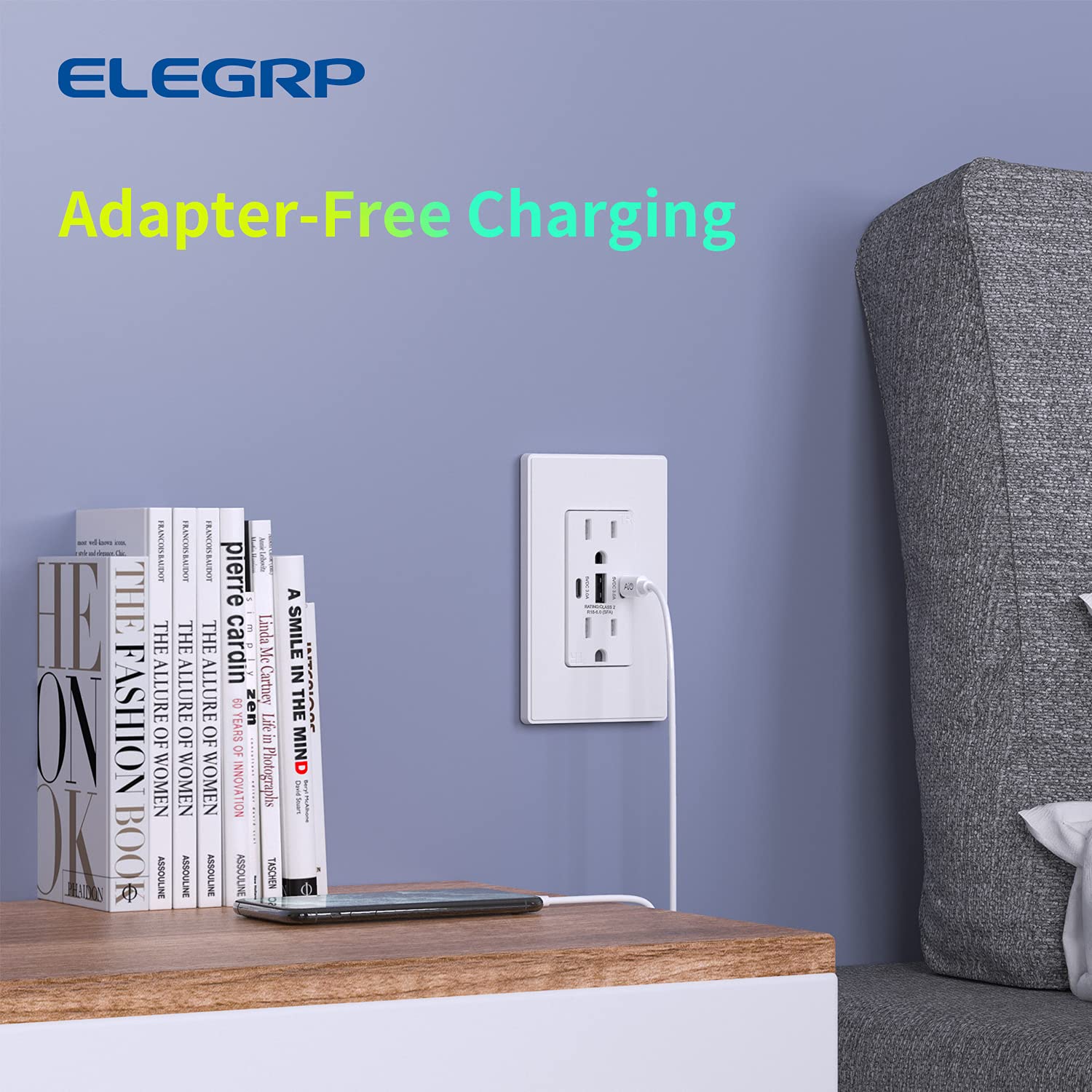 ELEGRP Tomacorrientes USB, 30 W 6.0 Amp USB C, toma de pared USB de 3 puertos, toma de corriente resistente a manipulaciones de 15 amperios con 2