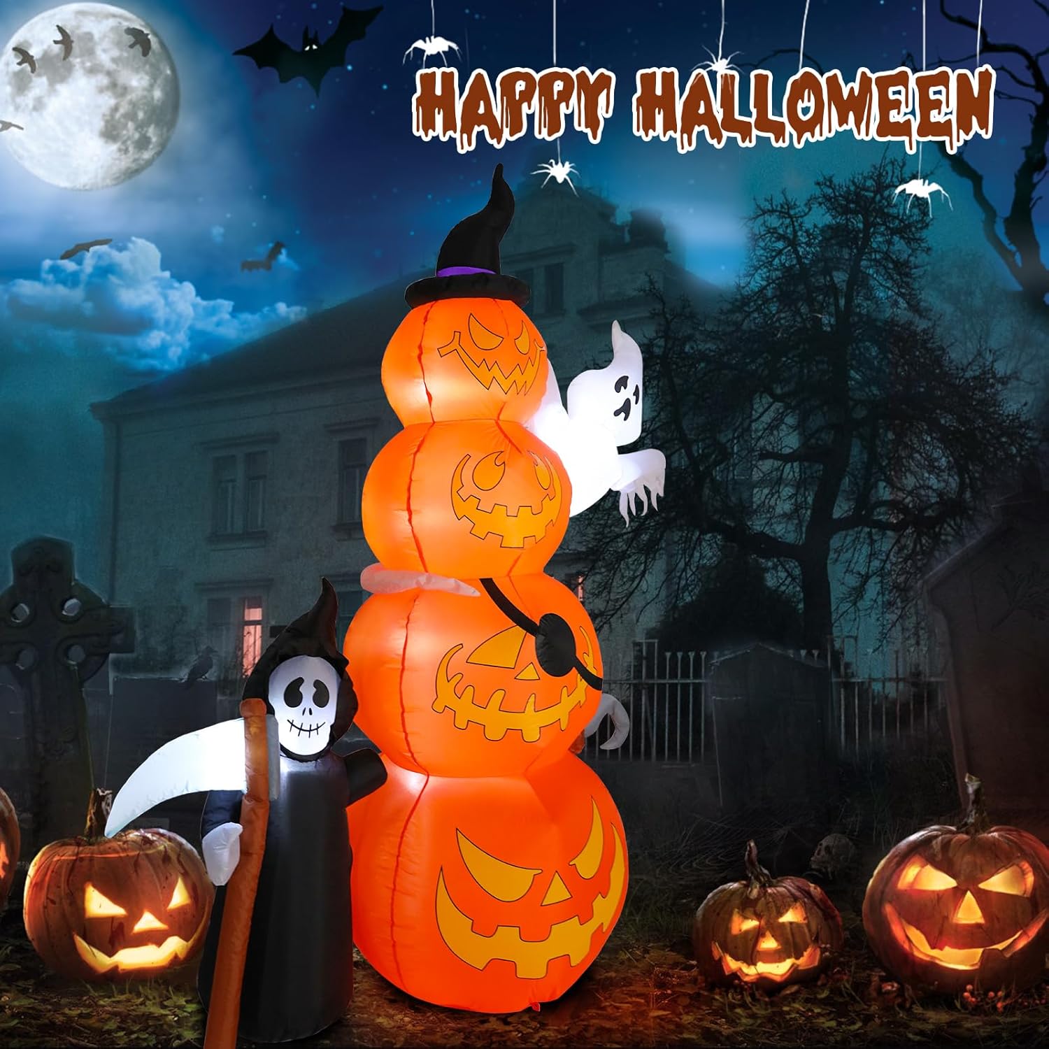 Decoraciones inflables de Halloween de 8.5 pies de alto para exteriores, calabazas inflables gigantes con fantasma y parca inflable de Halloween con