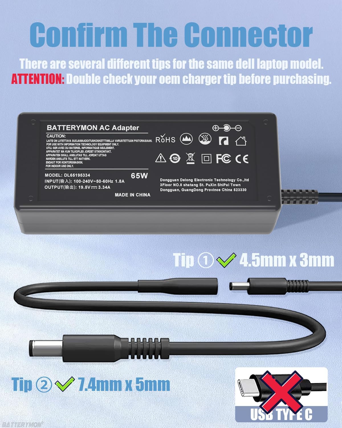 Cargador tipo c de 15 V 2.6 A para Switch y dispositivo de teléfono Android USB-C, adaptador de CA de 65 W para computadora portátil Dell Inspiron