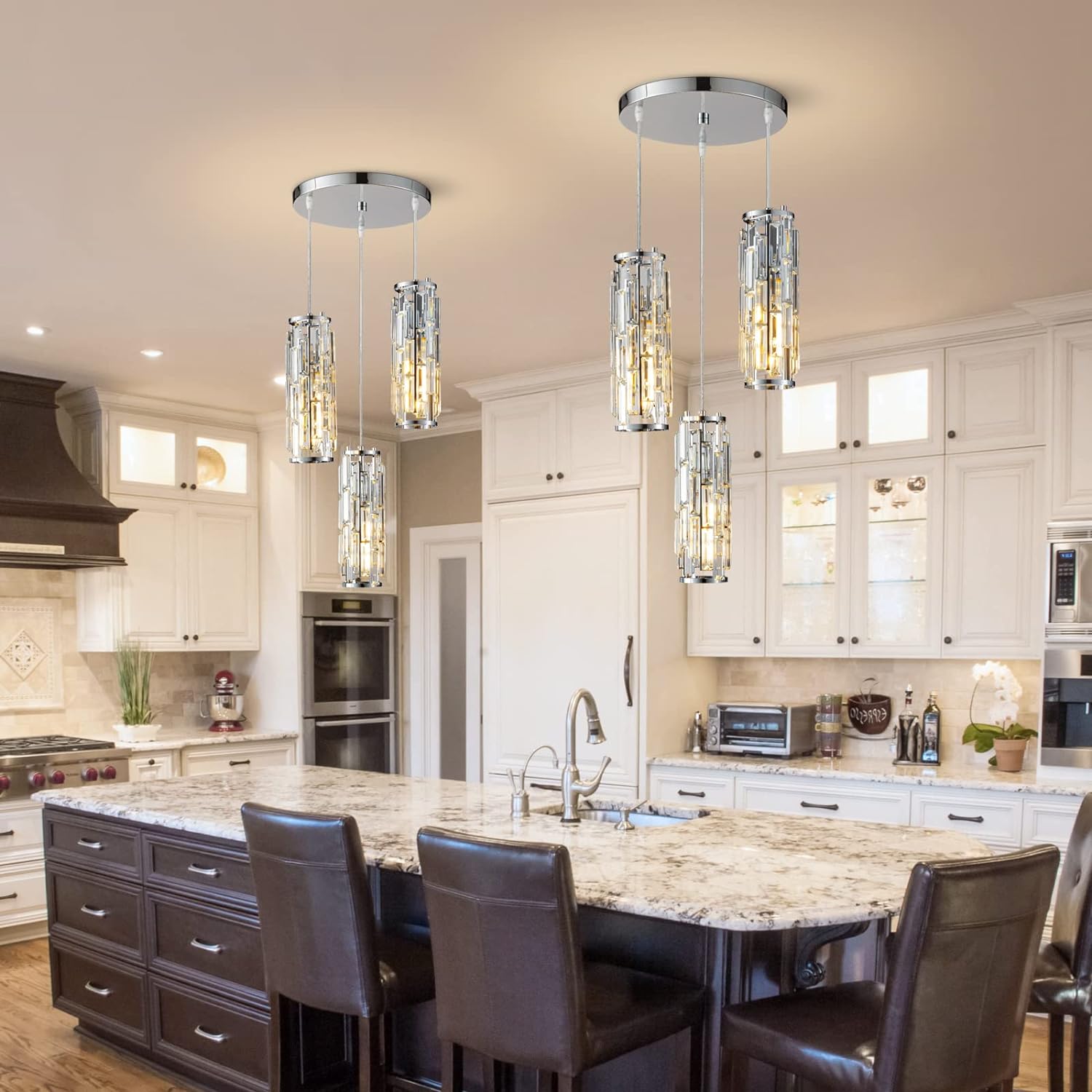 LMQNINE – 3 luces para iluminación colgante de cromo, lámpara colgante moderna, mini candelabros de cristal, lámpara colgante ajustable para cocina,