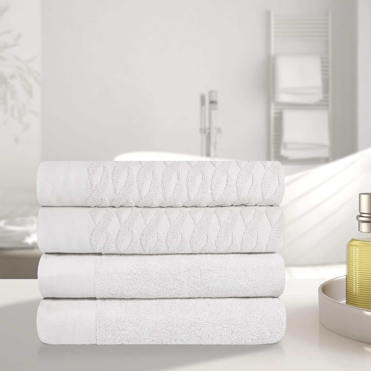 Superior Juego de 4 toallas de baño de algodón turco jacquard sólido para adultos y niños, artículos esenciales de baño, ducha, spa, piscina, secado