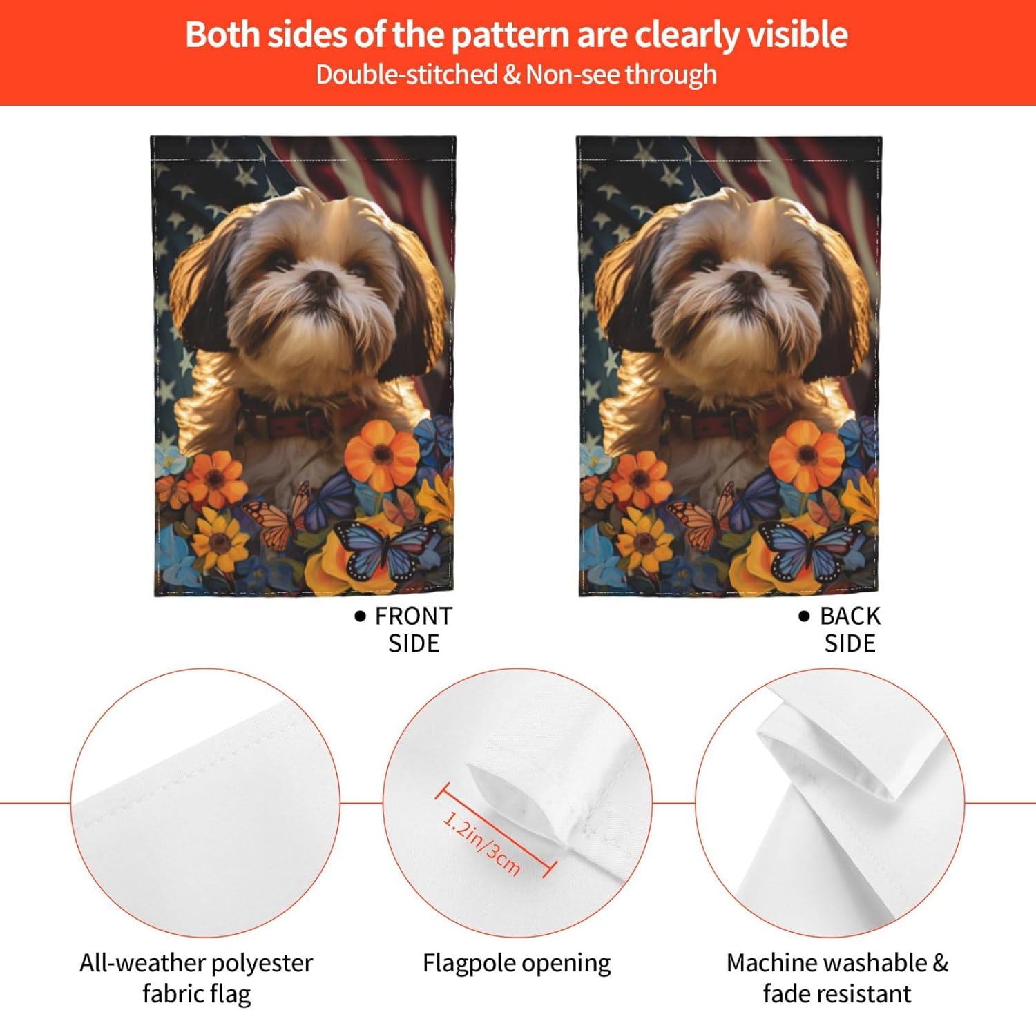 Bandera de jardín Shih Tzu Dogs – Bandera de Estados Unidos con diseño de girasol, 12 x 18 pulgadas, doble cara, decoración de patio al aire libre