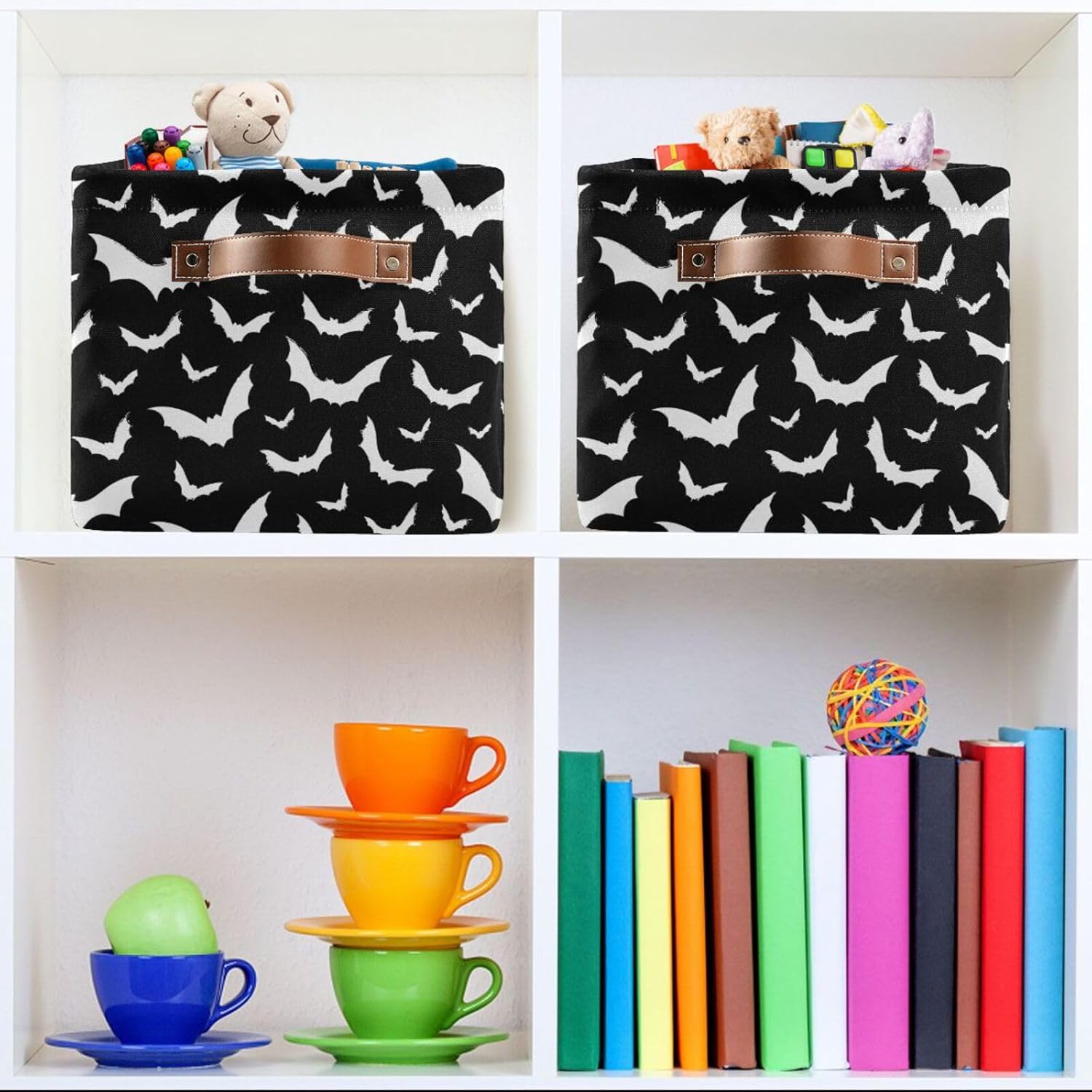 Cesta de almacenamiento de murciélagos negros para decoración de Halloween, cesta de almacenamiento plegable de tela, cubo con asas, juguetes