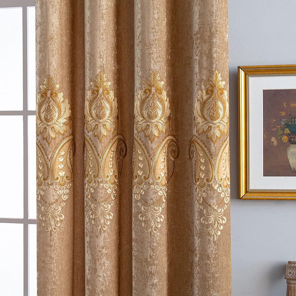 ELKCA Juego de cortinas europeas de felpilla con patrón bordado para sala de estar, con ojales en la parte superior (52 pulgadas de ancho x 84