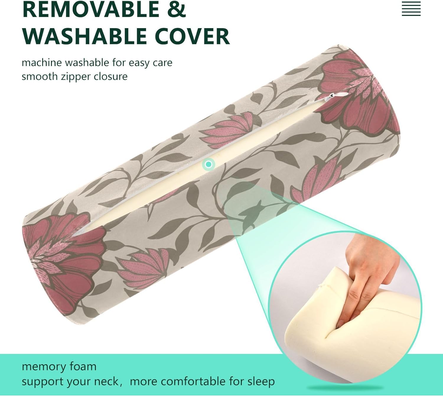 KLL Retro Plain Floral Pattern Bolster Pillow for Legs Massage Table Neck Roll Pillow Insert Round Pillow Form Circular Pillow Cushion Pillow Neck