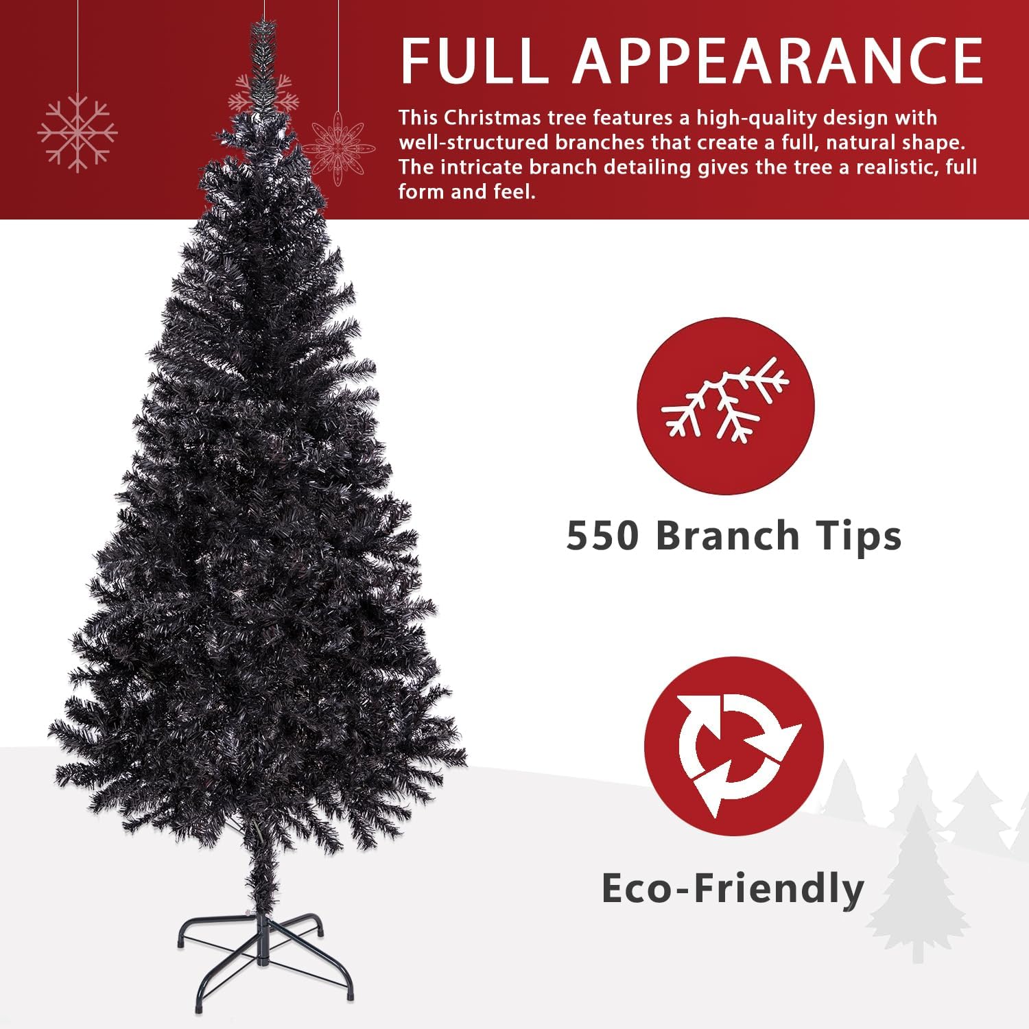 ALDRIMORE&LLY Árbol de Navidad artificial negro de 6 pies con 550 puntas de rama, decoración de Halloween y vacaciones para el hogar y la oficina