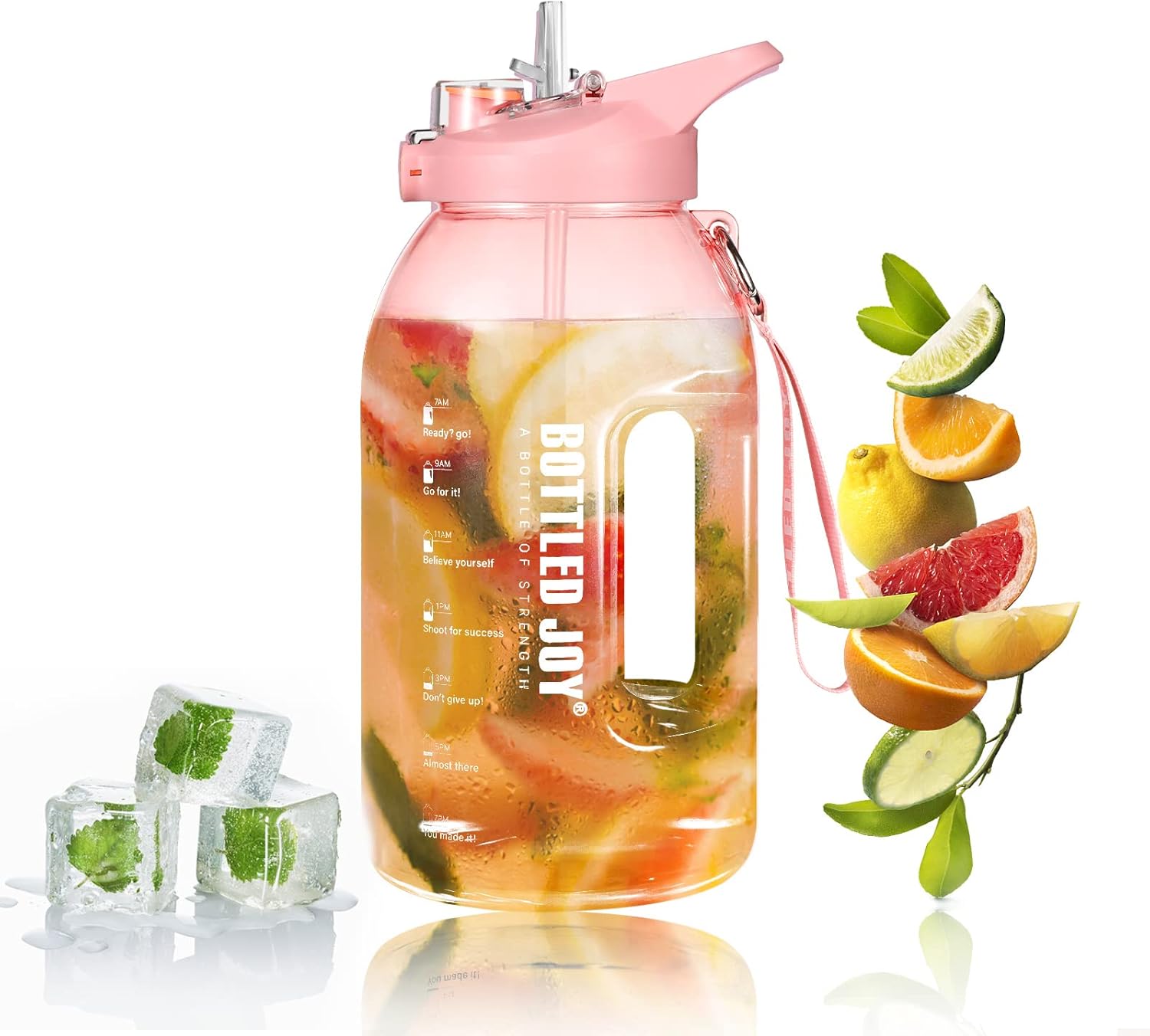 JIMACRO Botella de agua 2 en 1 con popote y tapa para beber, botella de agua deportiva BOTTLED JOY de 2.5 litros con marcas de tiempo y boca ancha,