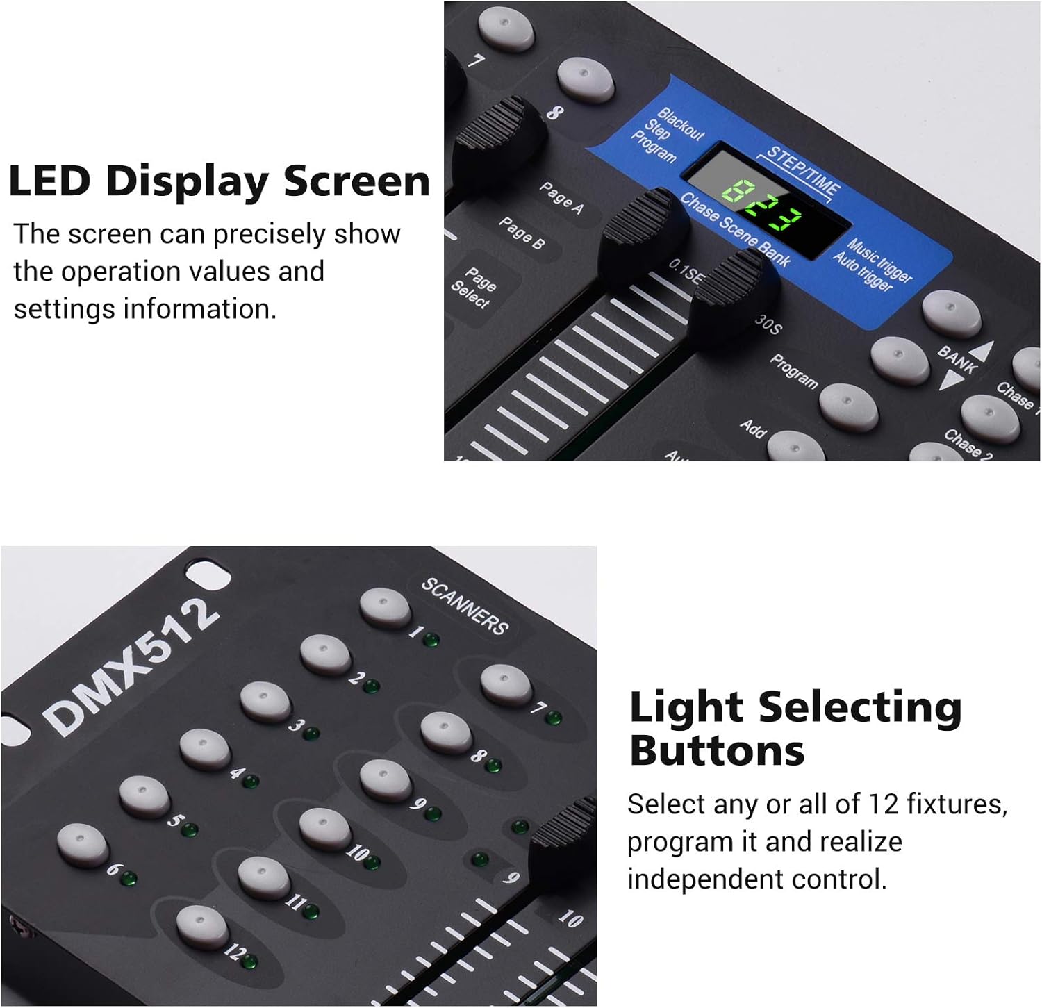 JINGFENG DMX512 Panel de consola controlador de luz 192CH Función de programación Activado por sonido con antena de pantalla LED para escenario DJ