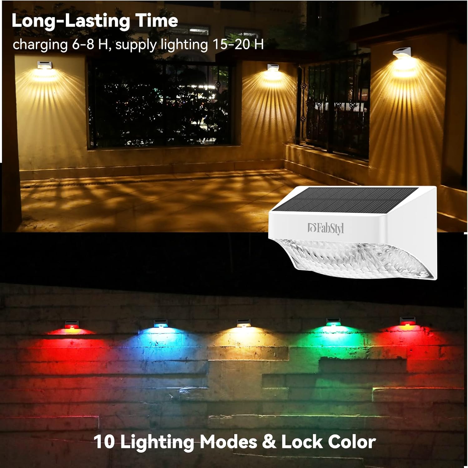 Luces solares para valla, RGB de 10 modos de trabajo, luces solares para exteriores, impermeables, luces solares LED de pared para escaleras,