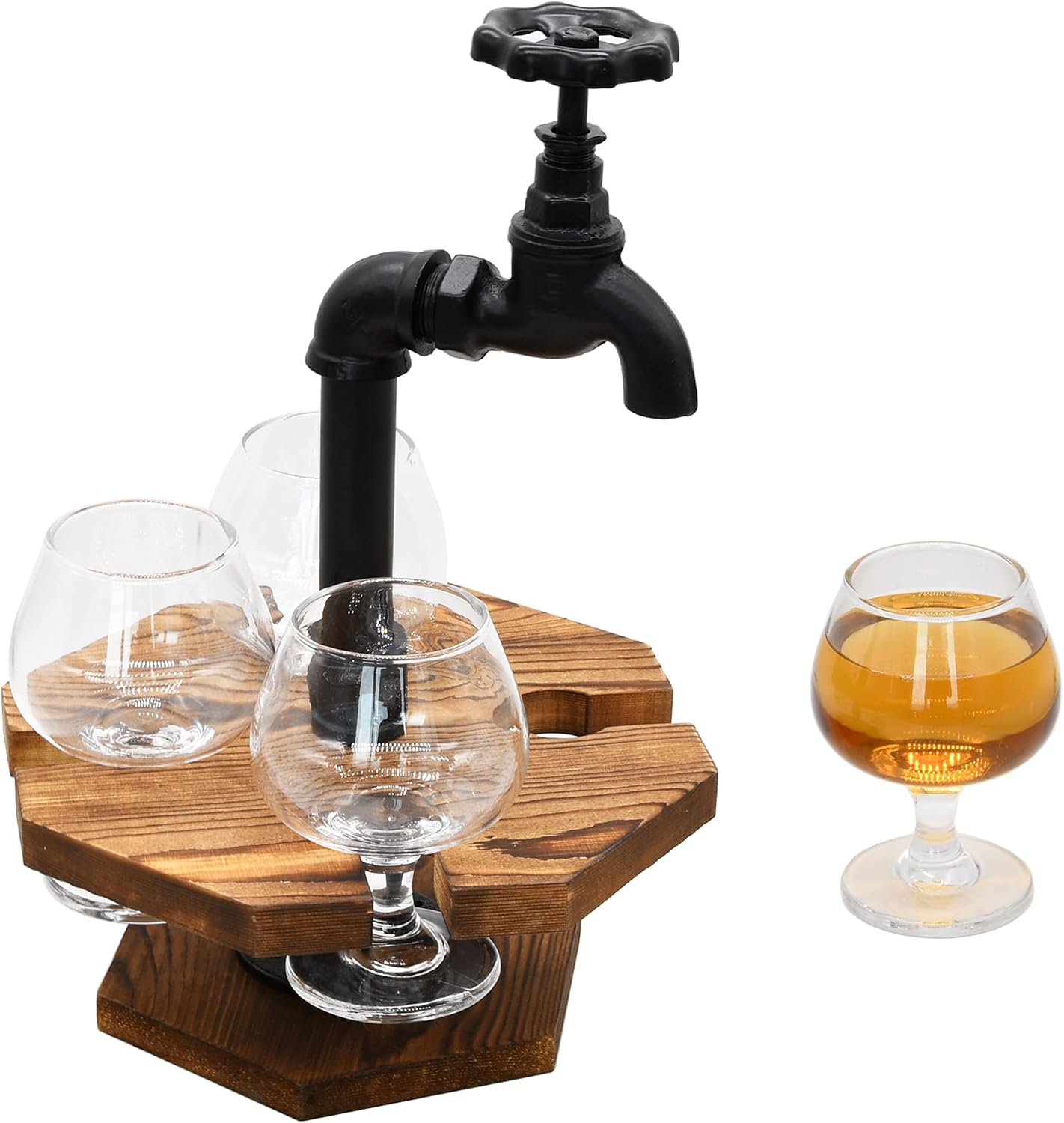 Owlgift Tubo industrial y madera quemada CervezaWhisky Vuelo Set con 4 vasos, grifo de hierro fundido diseño de espita