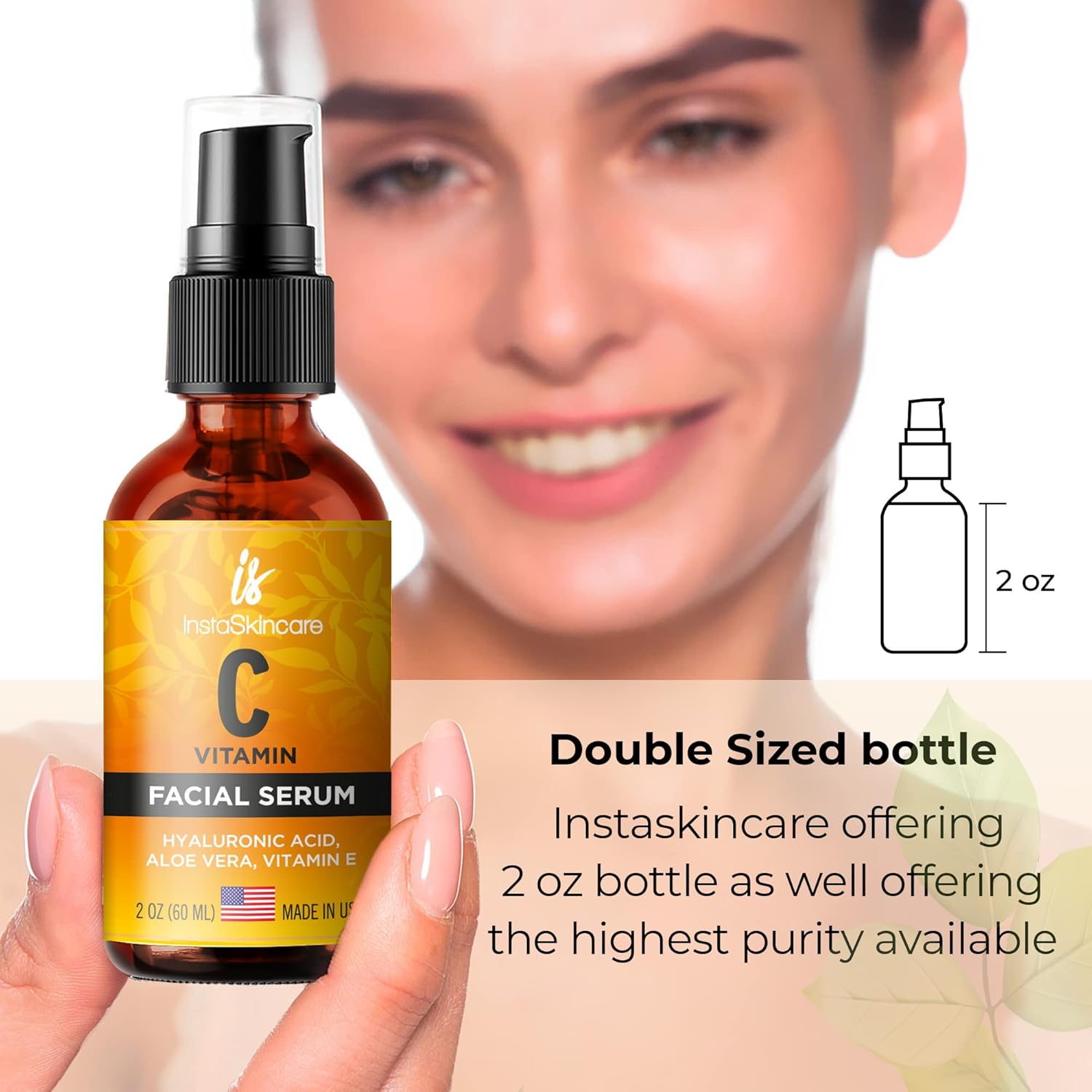 Suero de vitamina C de doble tamaño (2 onzas) para cara con ácido hialurónico y vitamina E – Suero iluminador facial – Suero natural