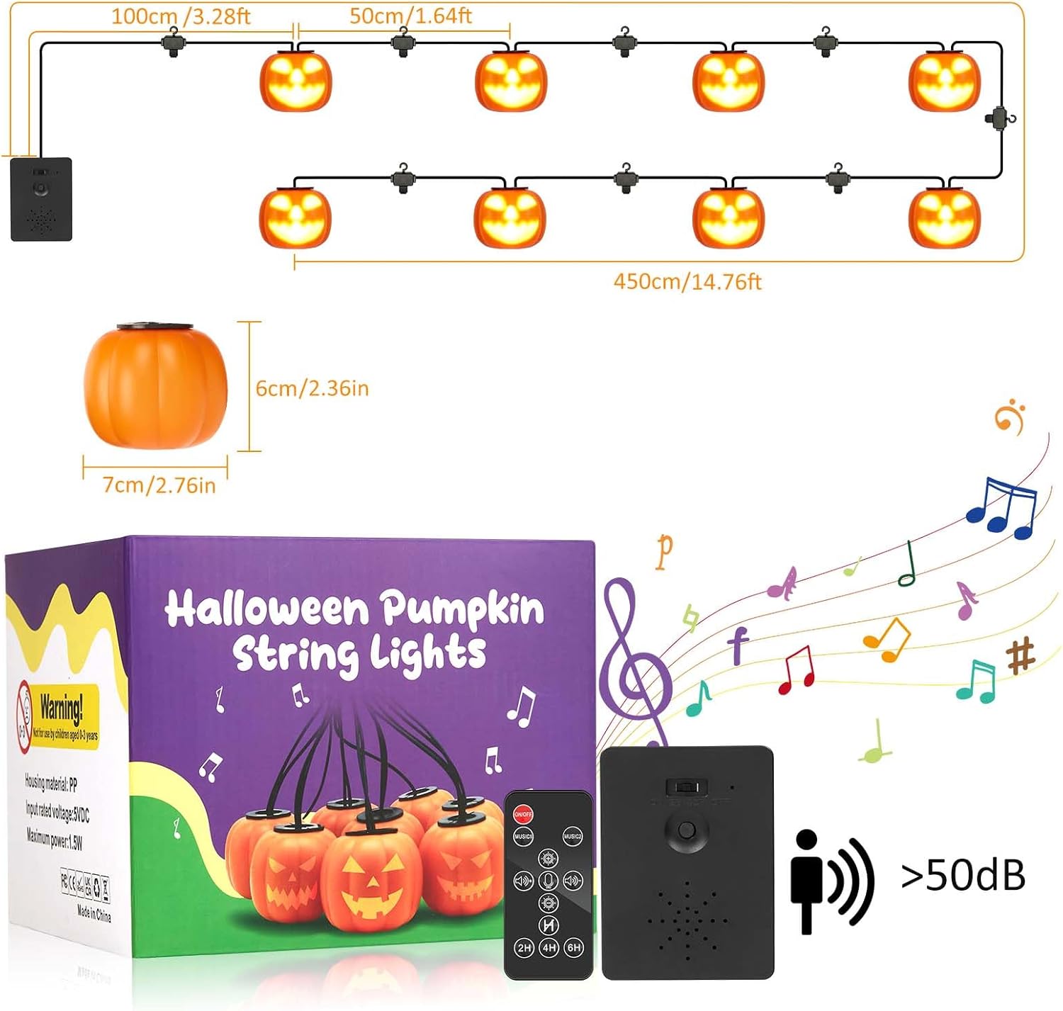 Guirnalda de luces de calabaza de Halloween de 14.7 pies con música espeluznante, luces de cadena impermeables naranjas, sensor de movimiento,