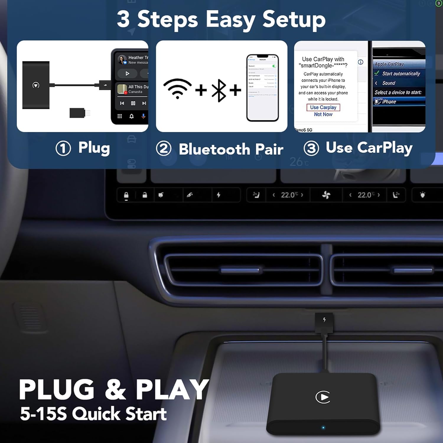 CPCGER Adaptador inalámbrico Carplay 2024 Actualización Apple Carplay Adaptador inalámbrico Convertir con cable a inalámbrico CarPlay Dongle Plug &