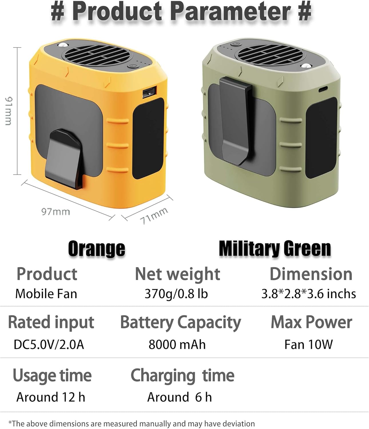 Ventilador personal portátil con clip de cintura, recargable por USB, batería de 8000 mAh anti-caída Powerbank y LED 3 en 1, enfriador de cuello de