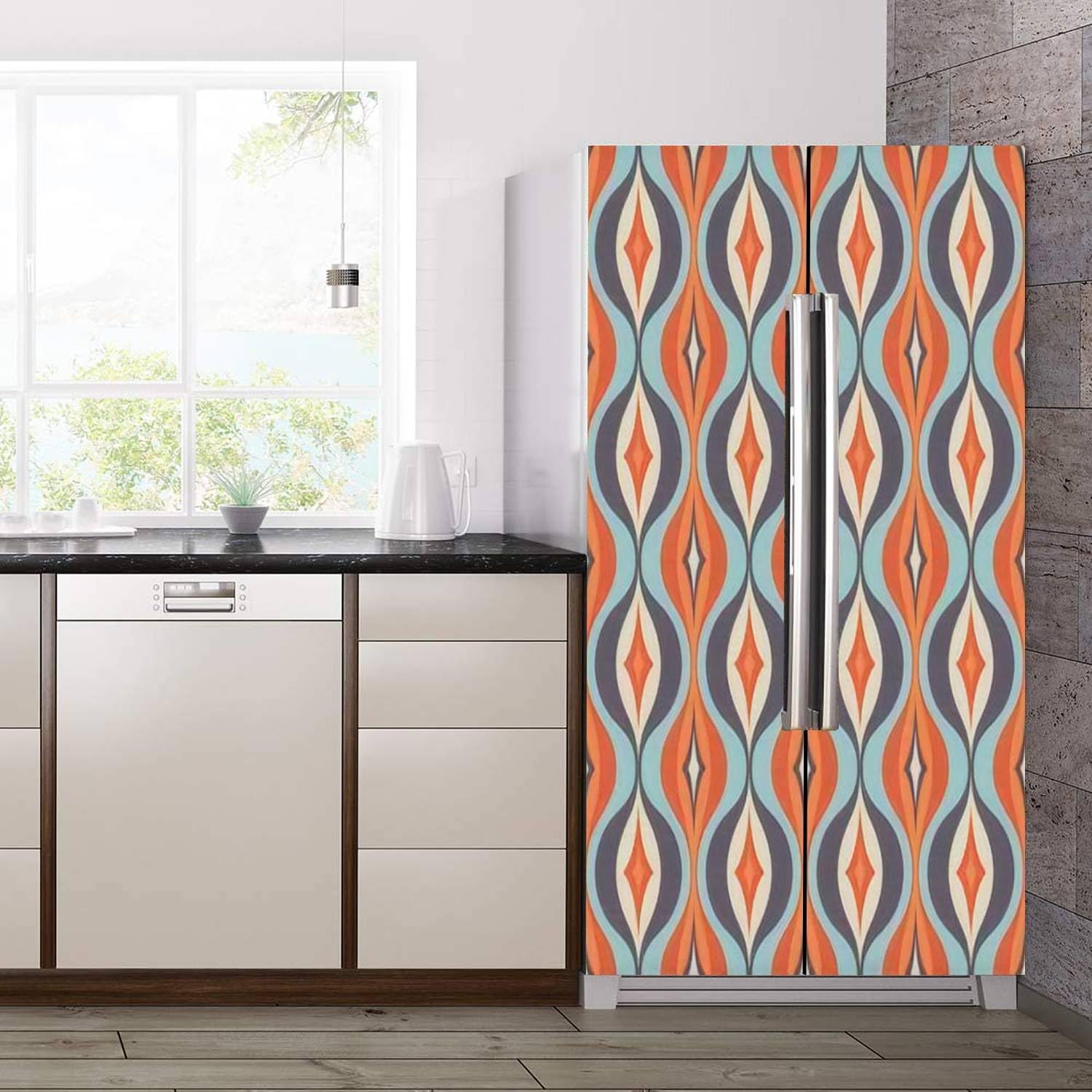 Juego de envoltorio de vinilo autoadhesivo para refrigerador de mediados de siglo, moderno, abstracto, geométrico, decorativo, mural, para puerta,
