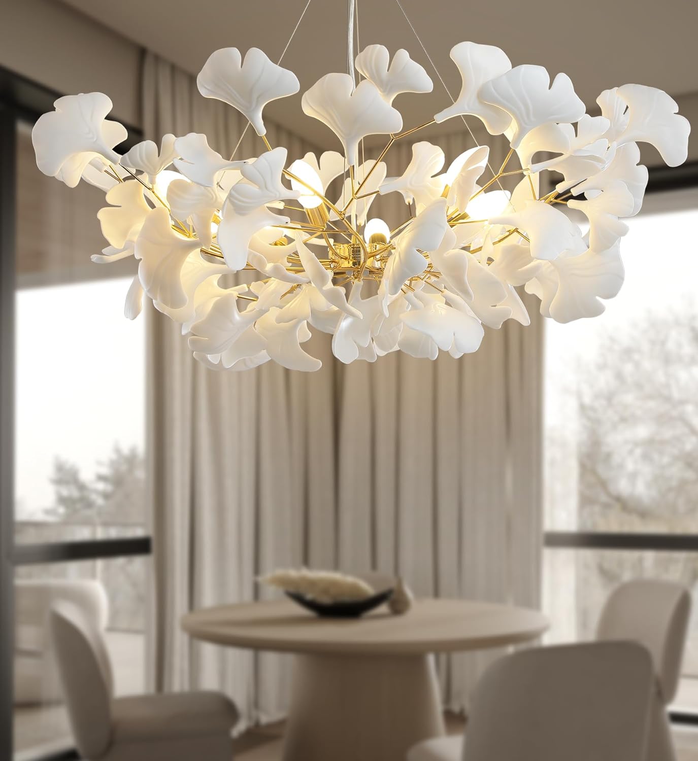Candelabro de rama redonda, candelabros dorados para comedor y dormitorio, candelabros modernos de 40 pulgadas con hojas de ginkgo, lámpara colgante