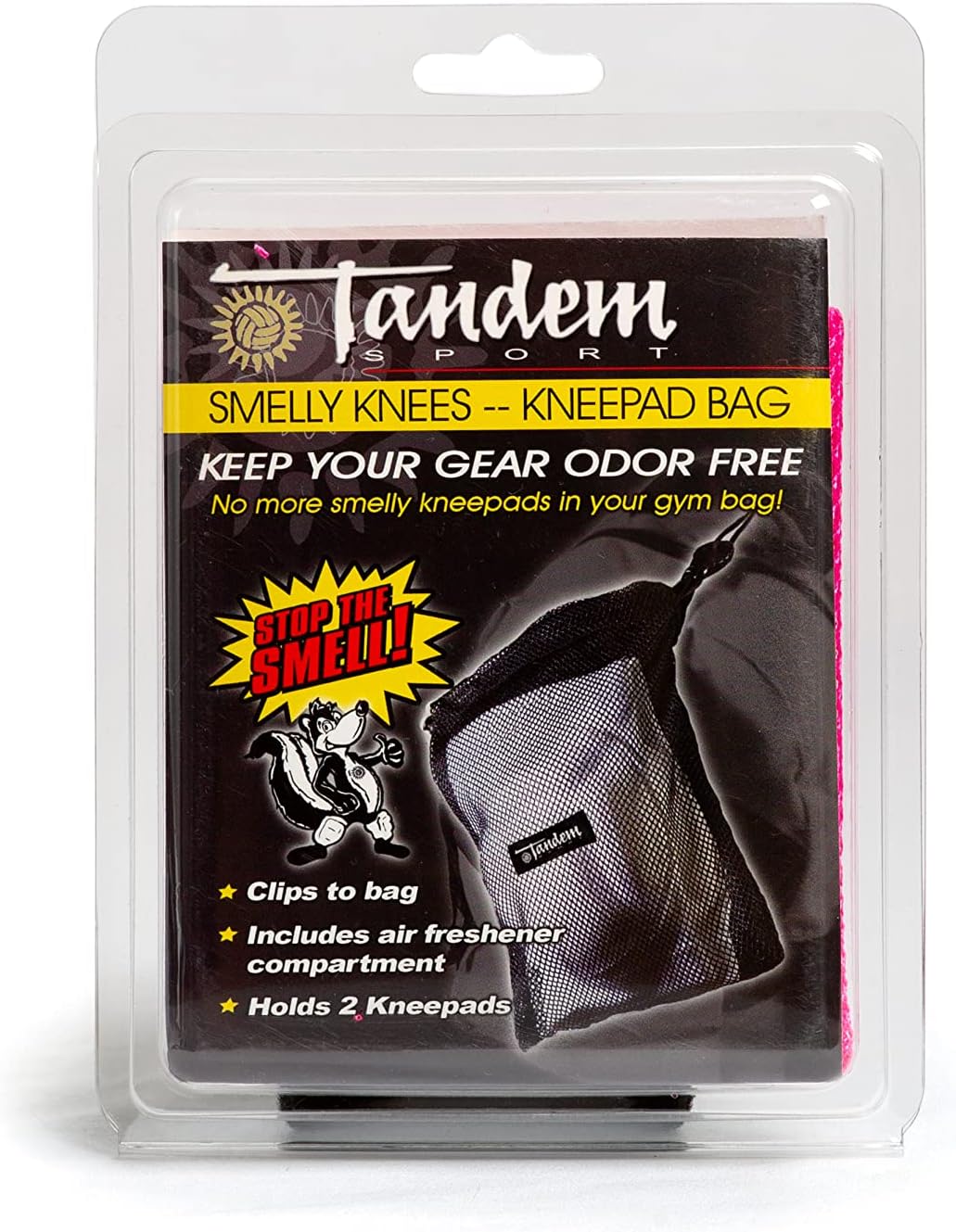 Tandem Sport Rodilleras de malla rosa – Mantén las rodilleras de voleibol frescas – Bolsa de rodilleras secas al aire con compartimento ambientador