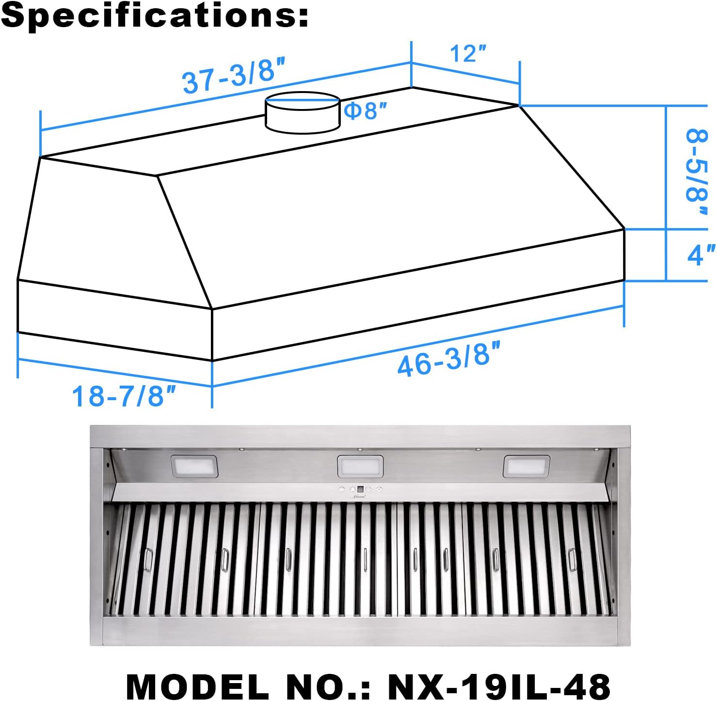 Akicon Campana extractora de 48 pulgadas, 1200 CFM, campana de cocina integrada con 4 velocidades, inserto de campana de ventilación con conductos