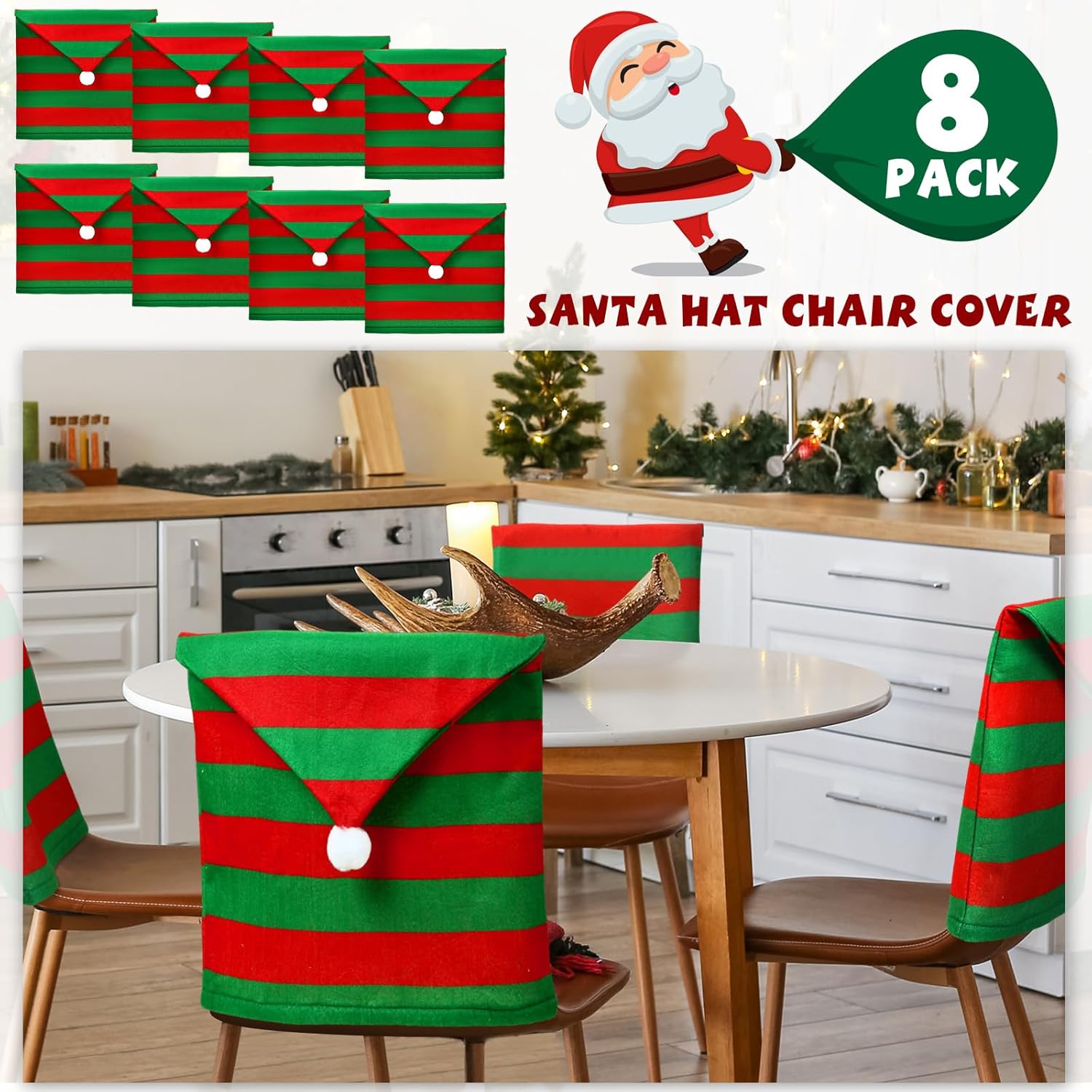 Juego de 8 fundas navideñas para sillas de Papá Noel, con sombrero de elfo de Navidad, fundas para sillas de respaldo de silla de Navidad para el