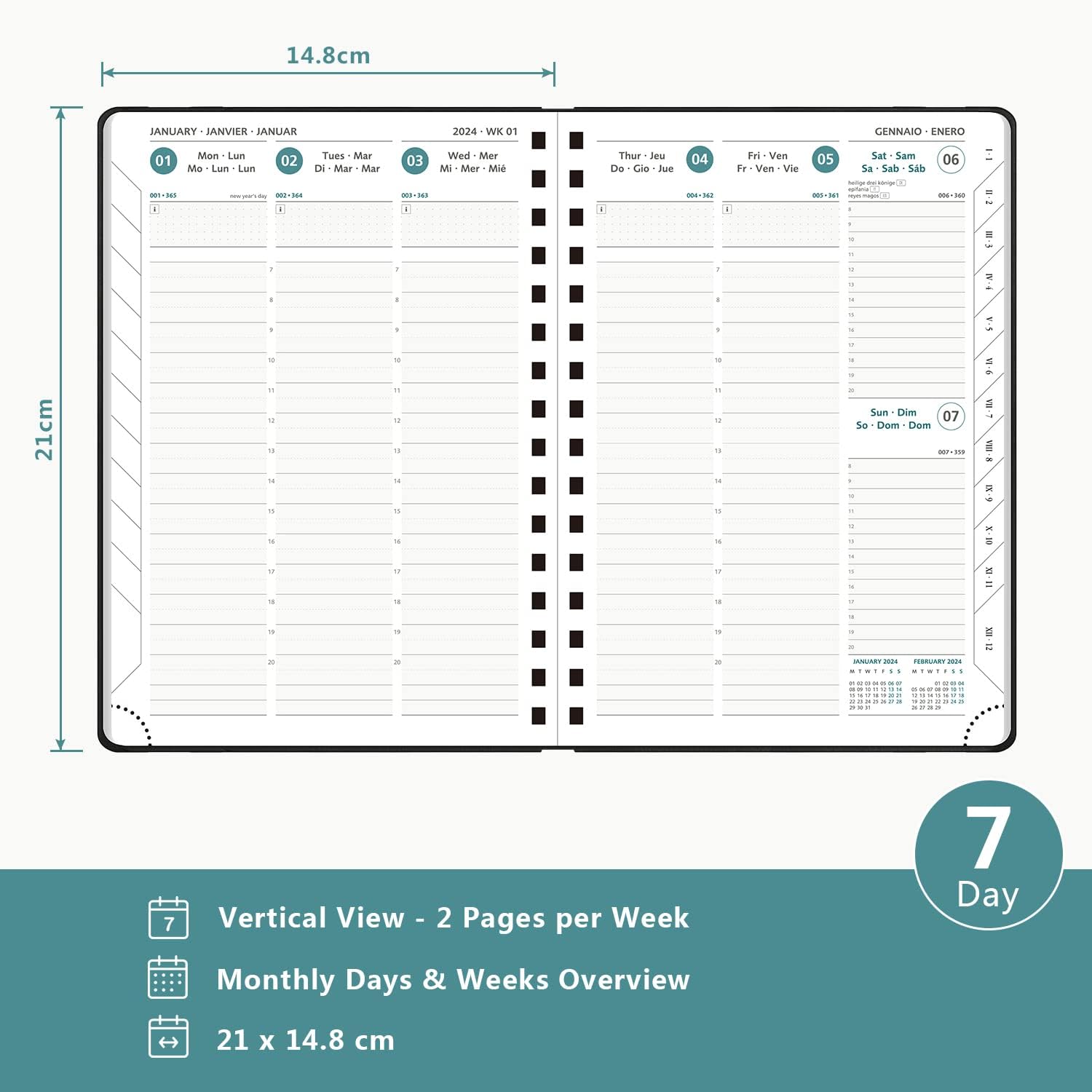 Agenda 2024 de BEZEND, calendario A5 de 5.8 x 8.5 pulgadas, agenda diaria, semanal y mensual, encuadernado en espiral, papel certificado FSC de 100