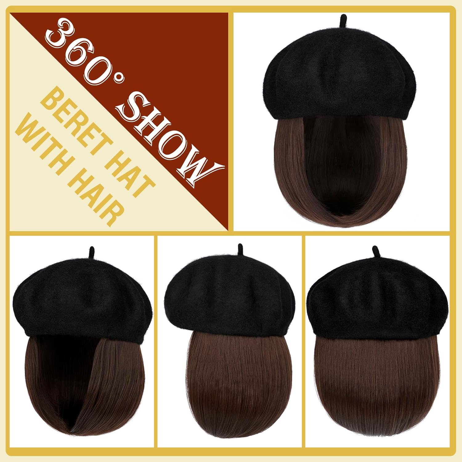 Gorro de boina con extensiones de cabello, sombrero clásico de lana francesa adjunta, 12 pulgadas, lacio, corto, Bob sintético, para mujer, marrón