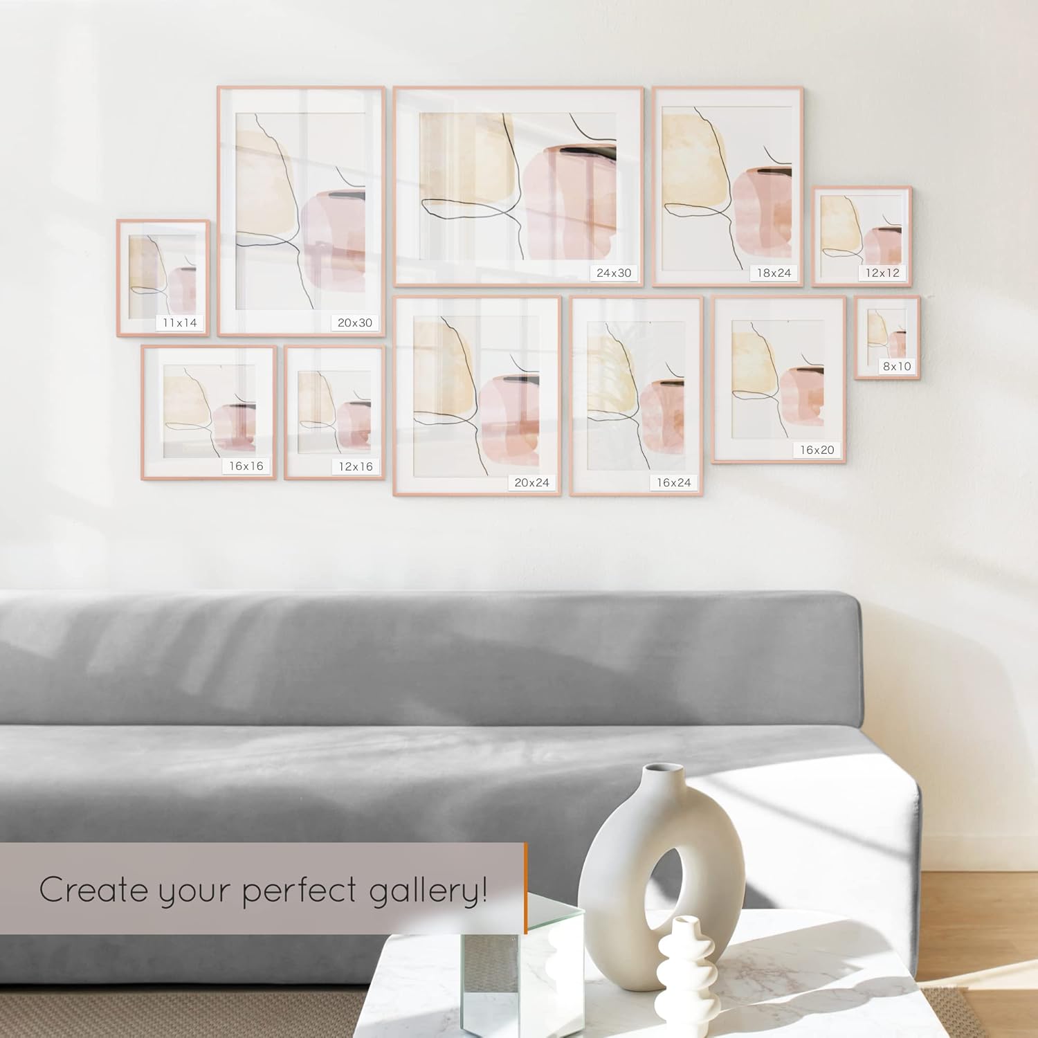 Homeforia – Marco metálico color oro rosado de 16 x 20pulgadas con paspartú de 11 x 14pulgadas, para pared, marco de aluminio con vidrio templado