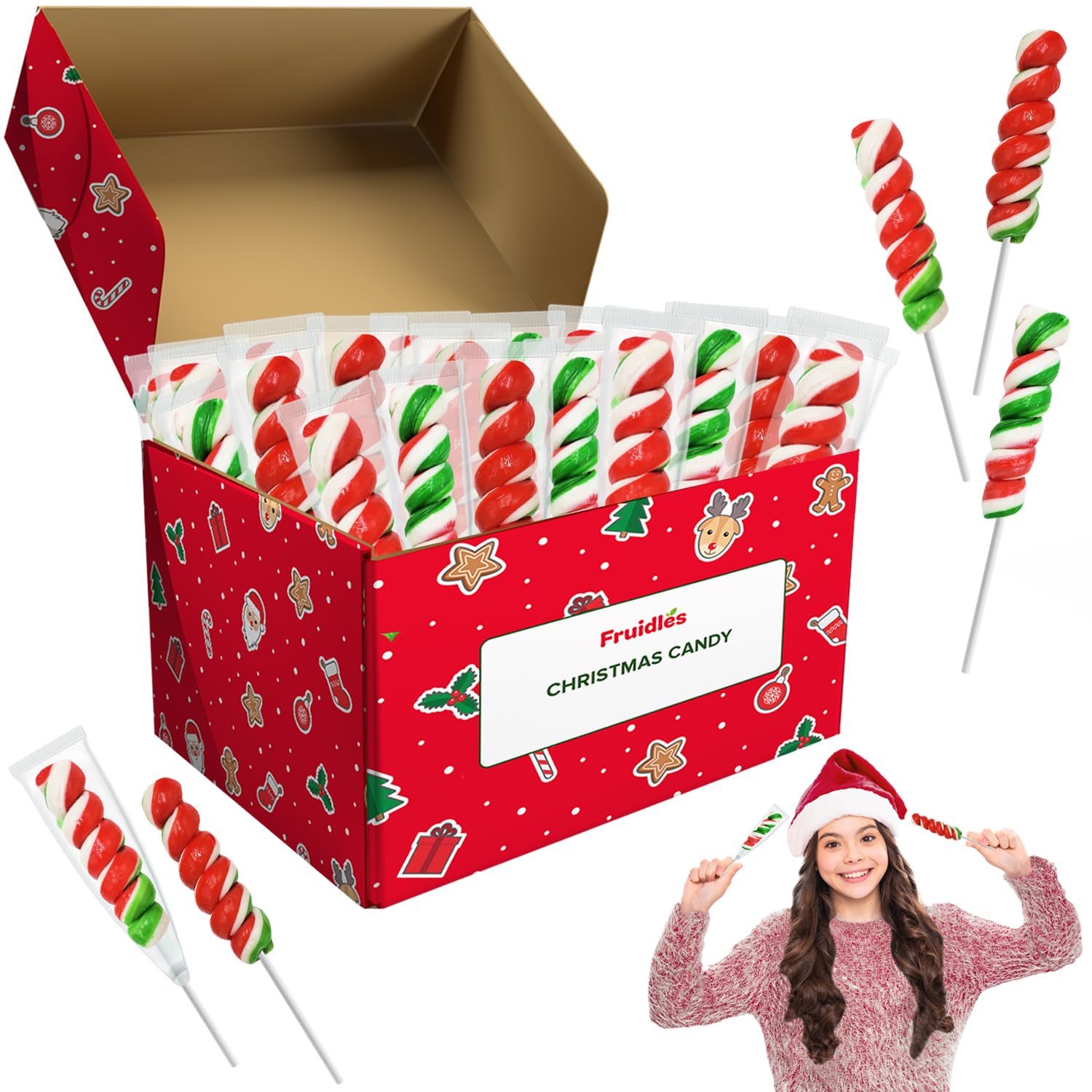 Fruidles Paleta de remolinos de Navidad, sabor a fruta mixta, paletas envueltas individualmente, ventosas de remolinos de 2 pulgadas (paquete de 12)