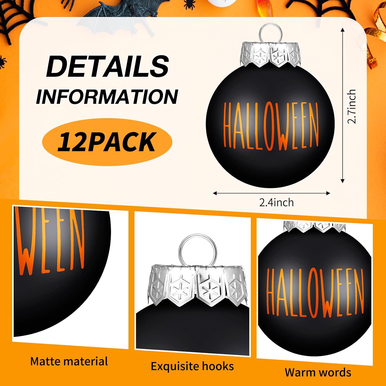 12 adornos de bola de Halloween de 2.4 pulgadas, decoraciones de Halloween para árbol, adornos colgantes de Halloween, decoración de plástico para