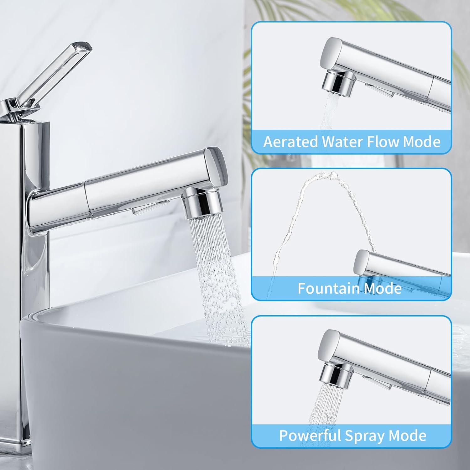 HANLIAN Grifo extraíble de baño de un solo orificio con boquilla giratoria, grifo de una manija para fregadero de baño, grifo de baño moderno con