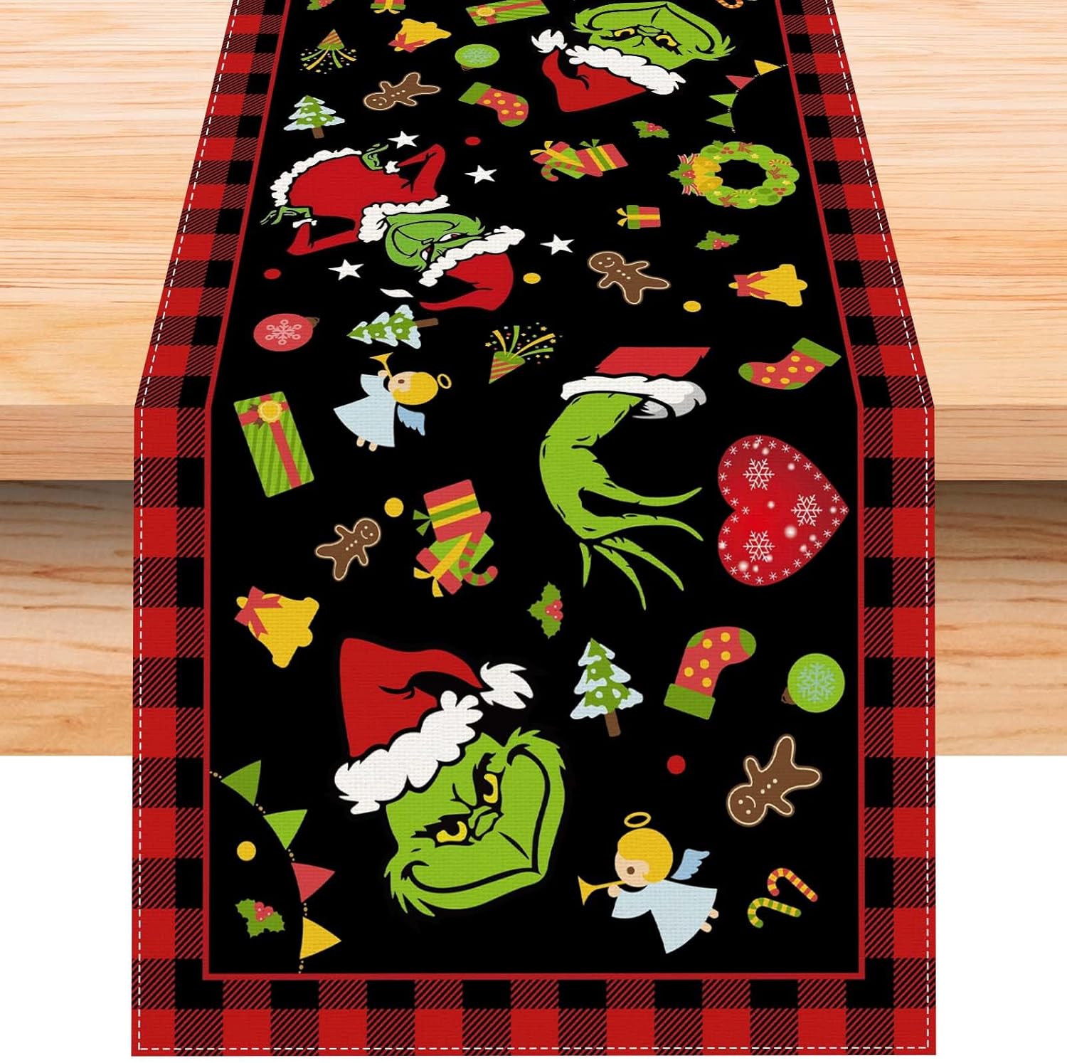 Camino de mesa de Navidad de lino rojo y negro a cuadros Grinch de 72 pulgadas de largo para casa de campo, invierno, Navidad, vacaciones, hogar,