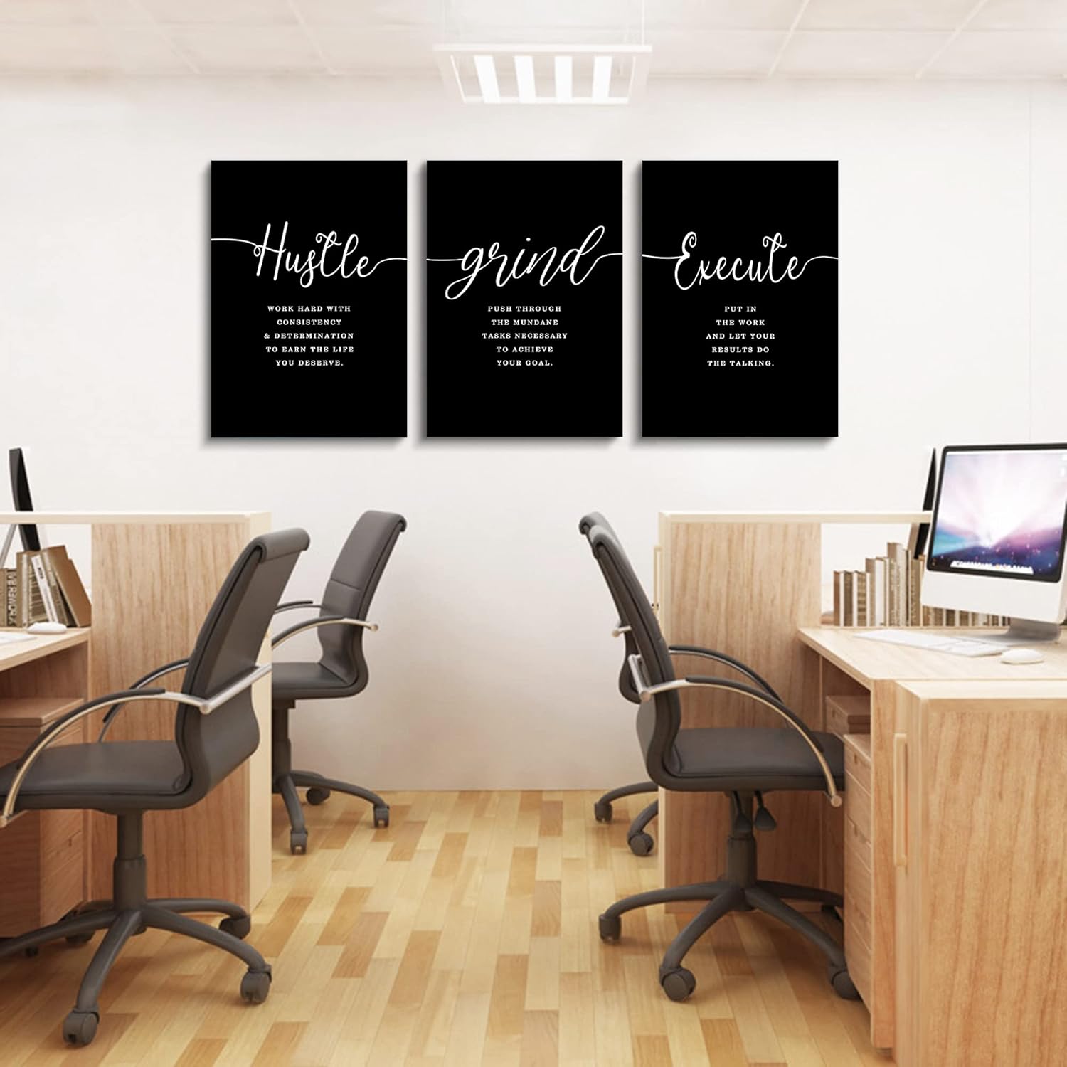 Decoración de oficina, impresiones de ajetreo con citas de ejecución, lienzo enmarcado para pared, arte de pared de oficina, póster grande negro,
