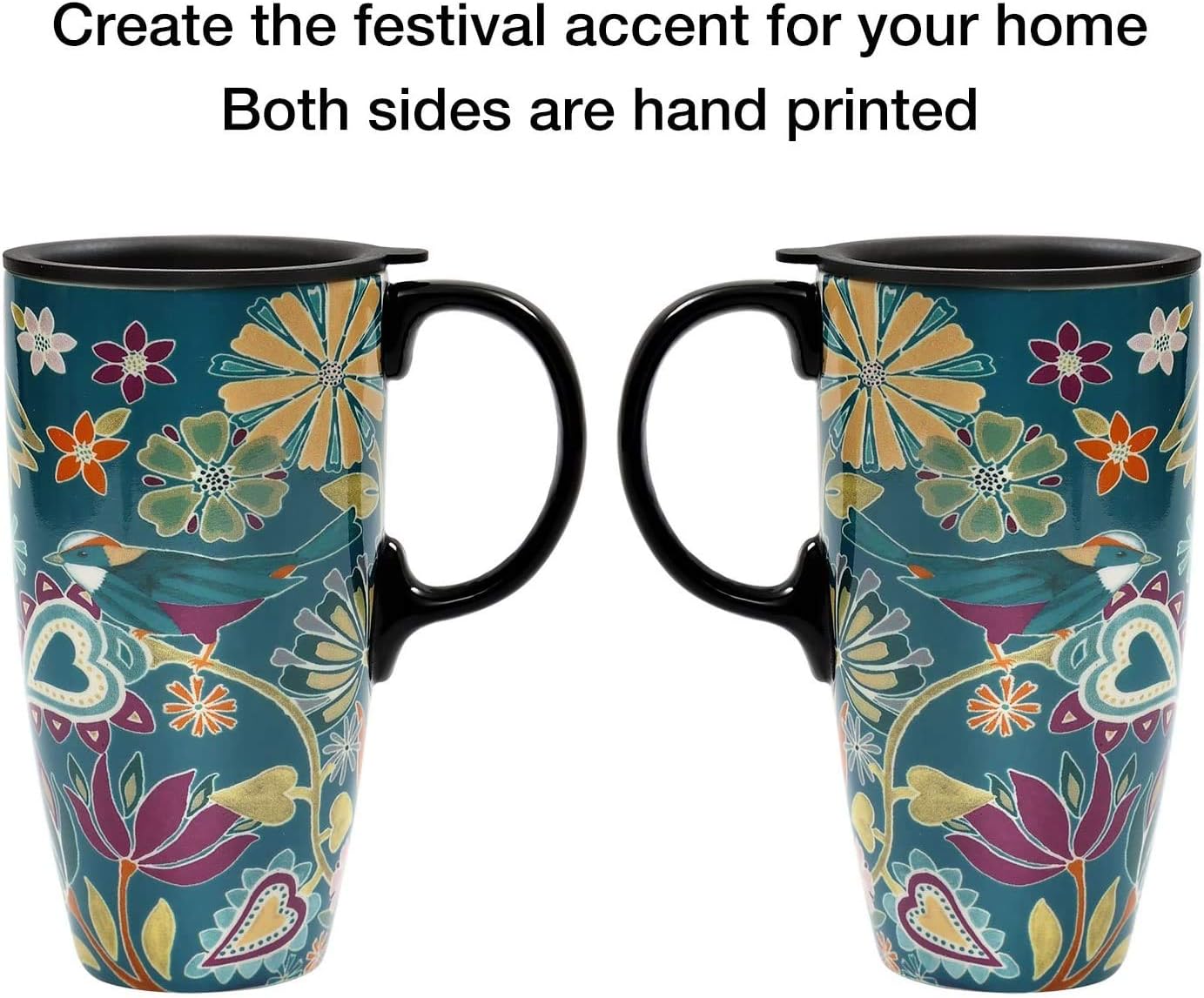 Topadorn Taza de cerámica para café, taza de té de porcelana con tapa, 17 oz, sinfonía floral, pájaro verde