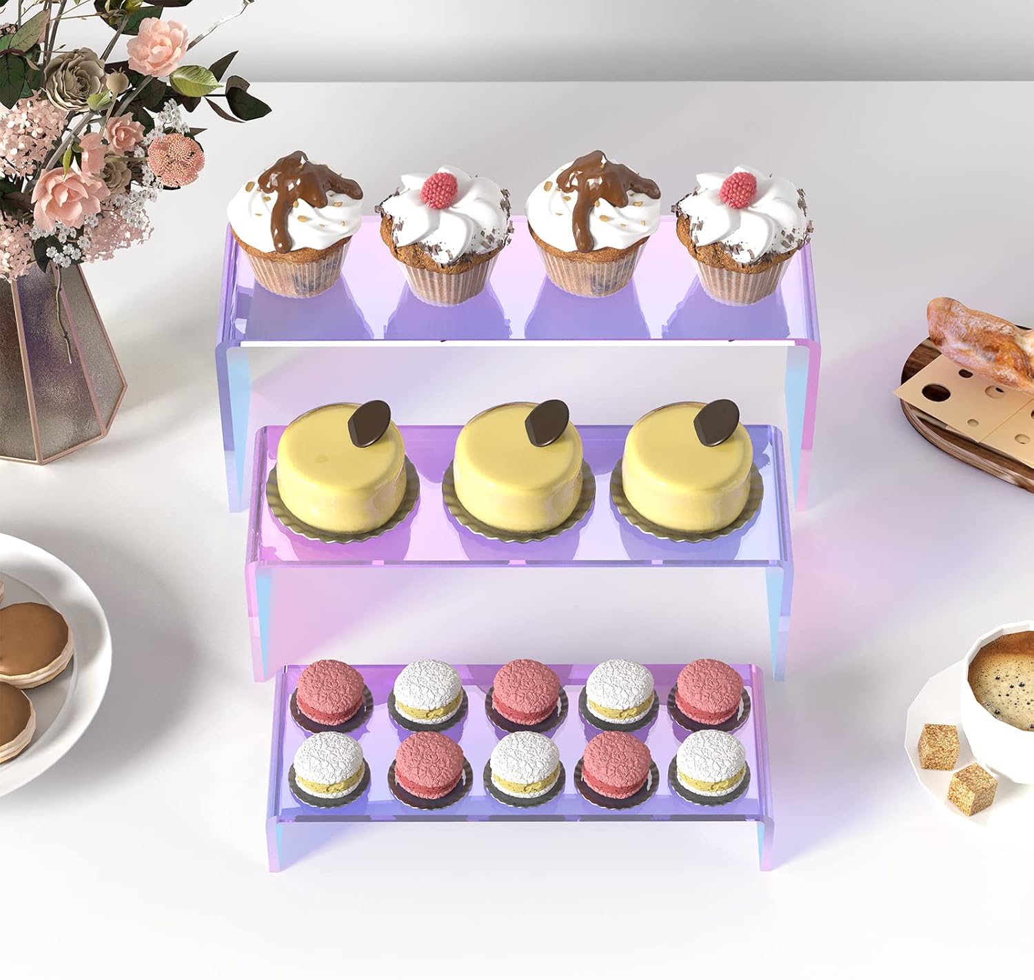 Elevadores acrílicos iridiscentes para exhibición, 6 piezas de acrílico para mesa de buffet, cupcakes, joyas, coleccionables, títeres, personajes de