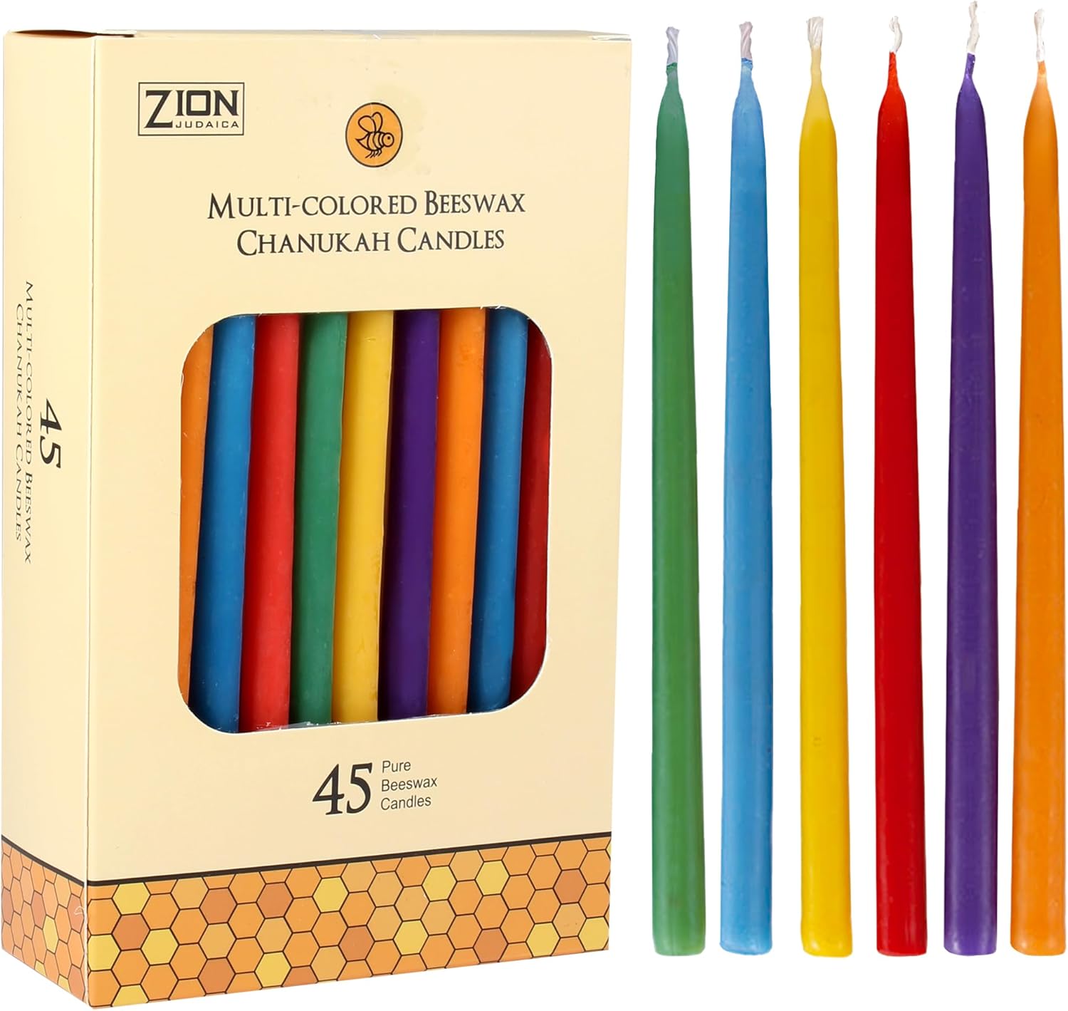 Zion Judaica – Velas de cera de abeja natural de lujo para menorá de 5.75 pulgadas de alto, juego de 45 velas de cera de abeja multicolor para