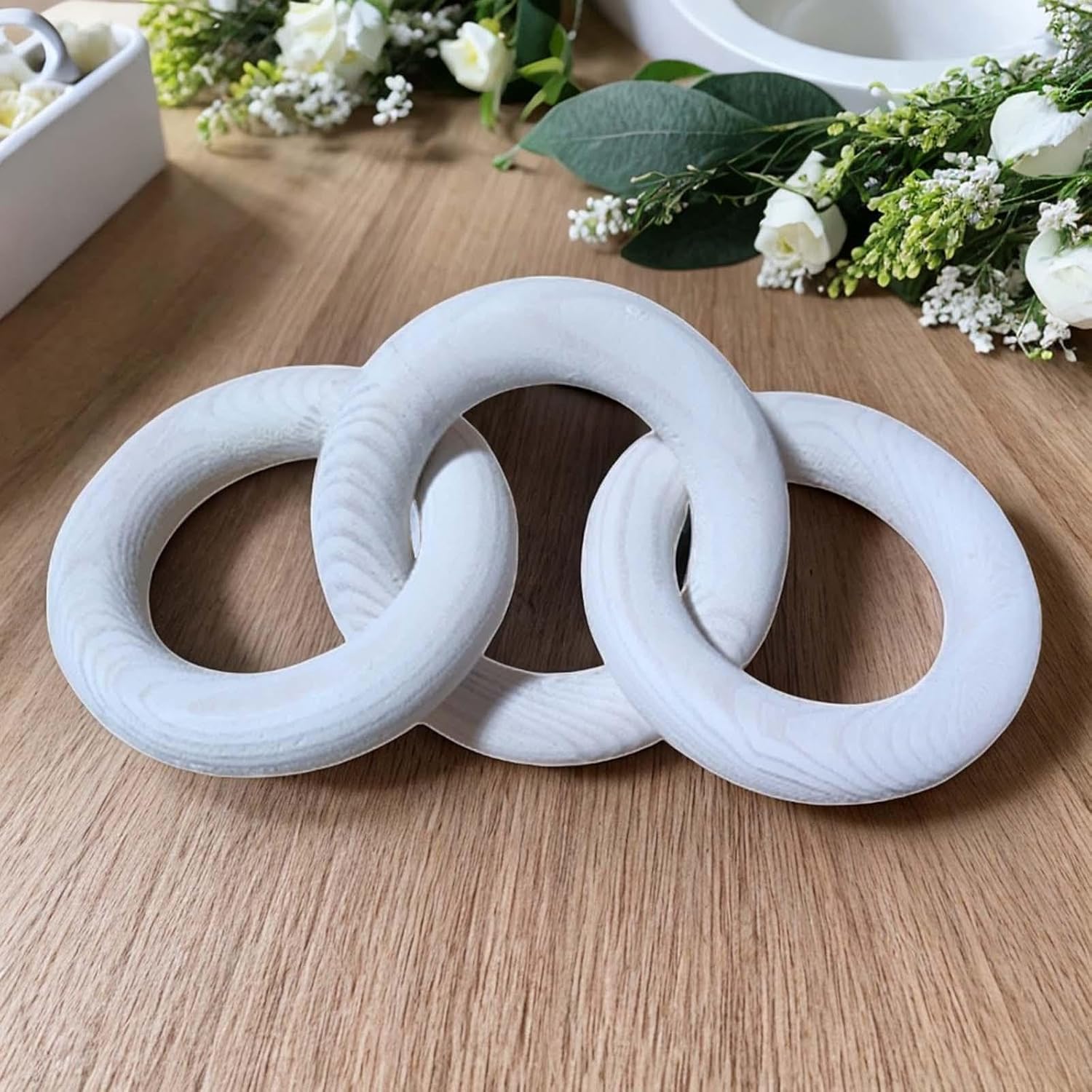Qianly Cadena de eslabones de madera rústica de 3 eslabones tallada a mano versátil anillo de diámetro 3.9 in decoración de mesa decorativa para