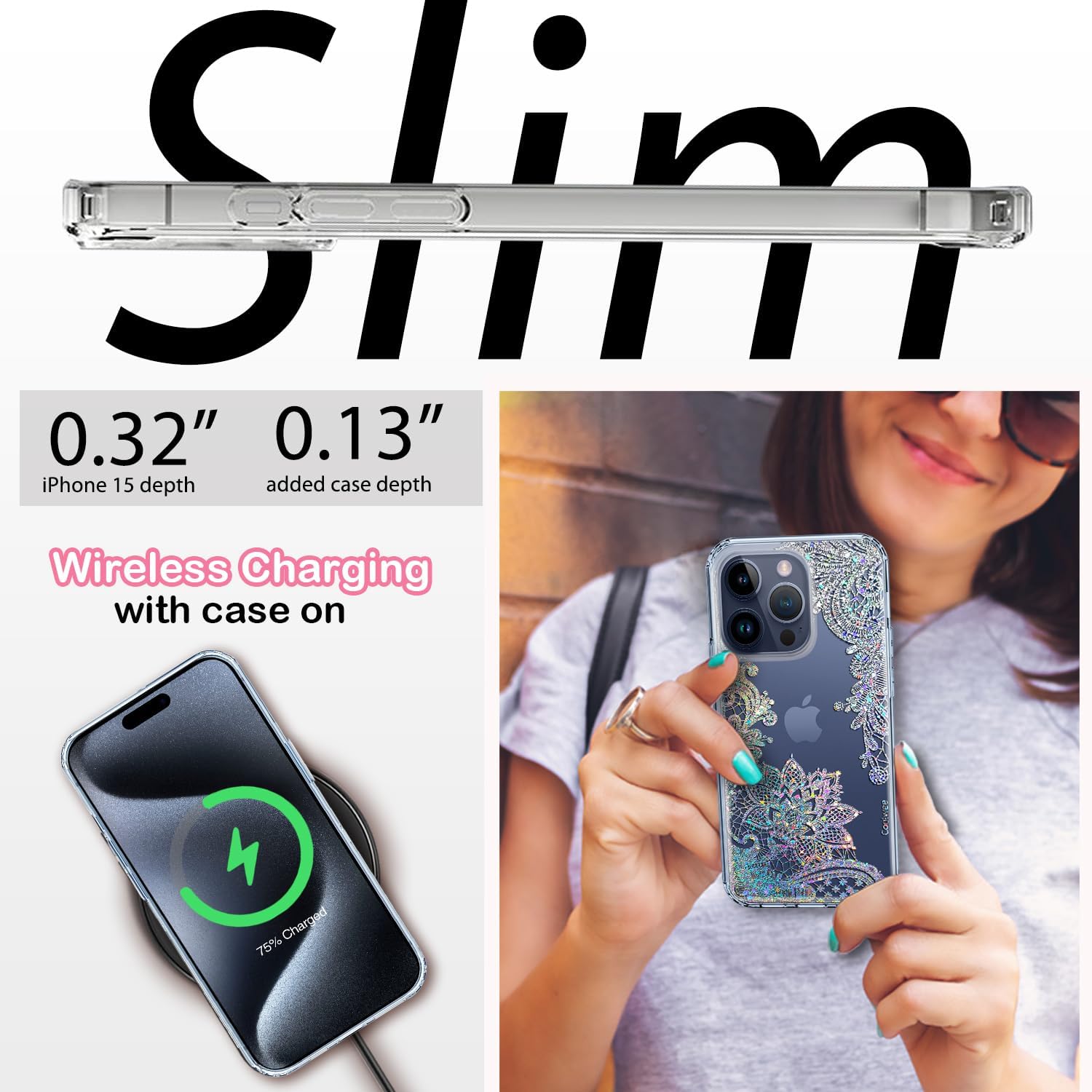 Coolwee Funda transparente antiamarillamiento con purpurina para Apple iPhone 15 Pro, 6.1 pulgadas, 6.6 pies, protección de grado militar, protector