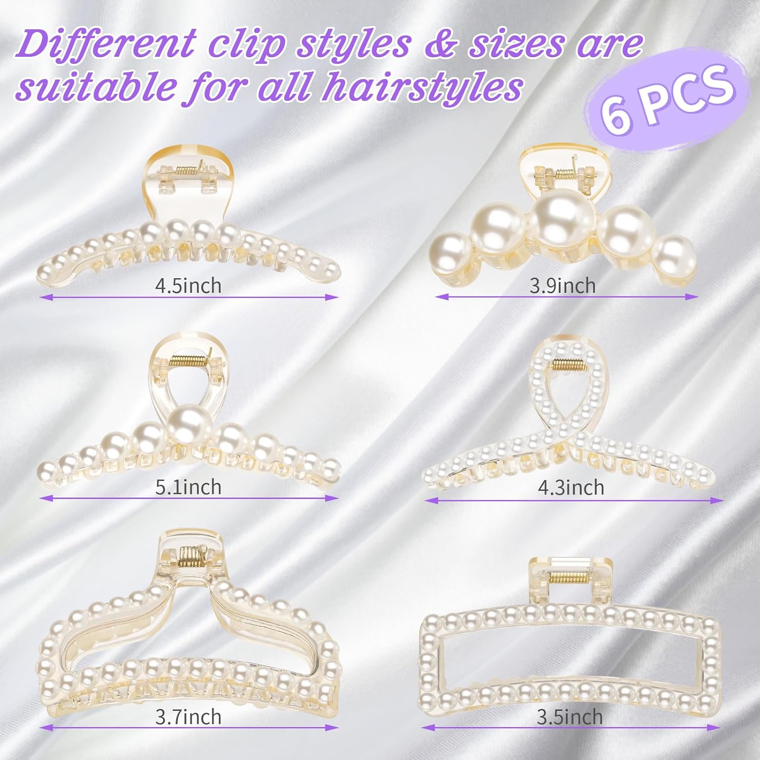 6 pinzas para el cabello con perlas, pinzas grandes para cabello fino y grueso, pinzas de cabello blanco para cabello fino y rizado, pinzas de