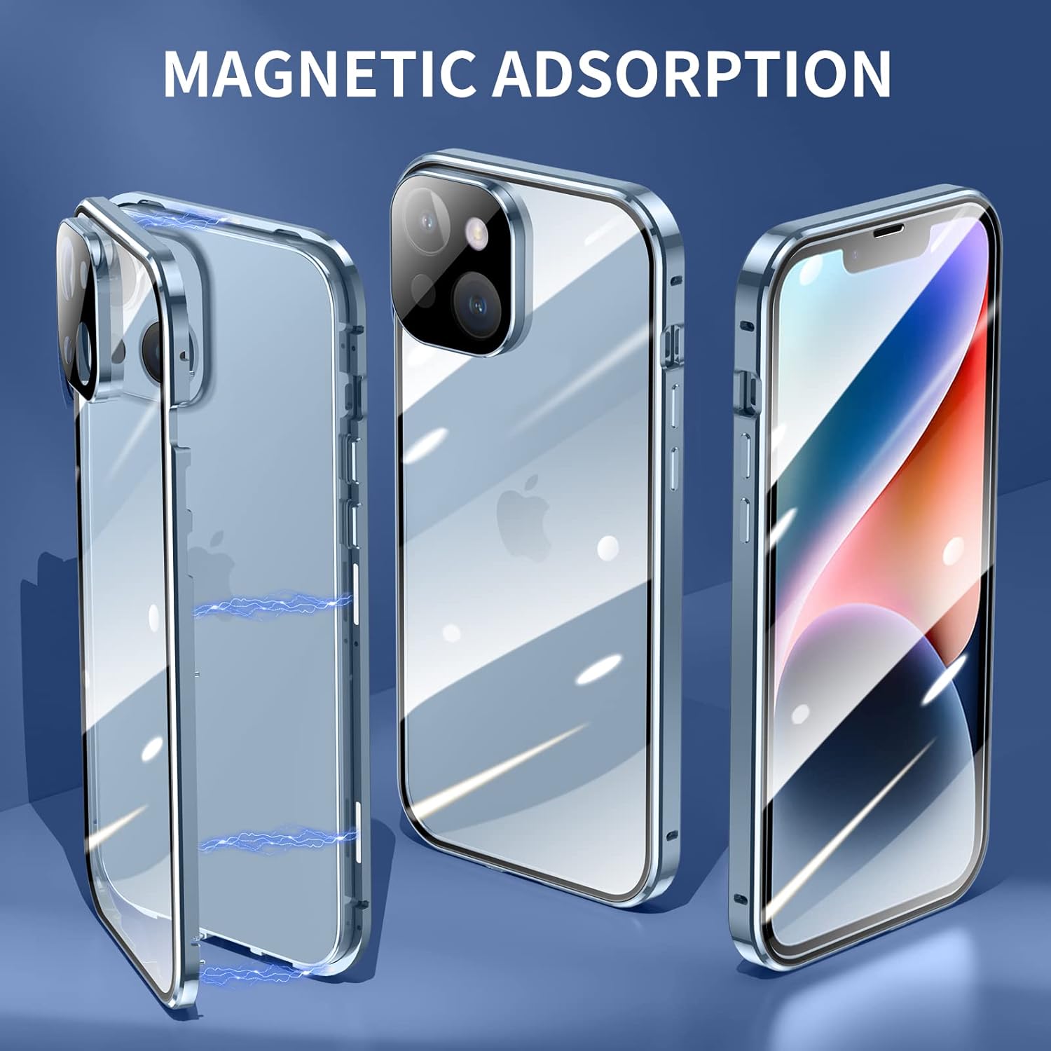Jonwelsy Funda para iPhone 14, 360 grados frontal y trasera, vidrio templado transparente, protección de cuerpo completo, absorción magnética, marco