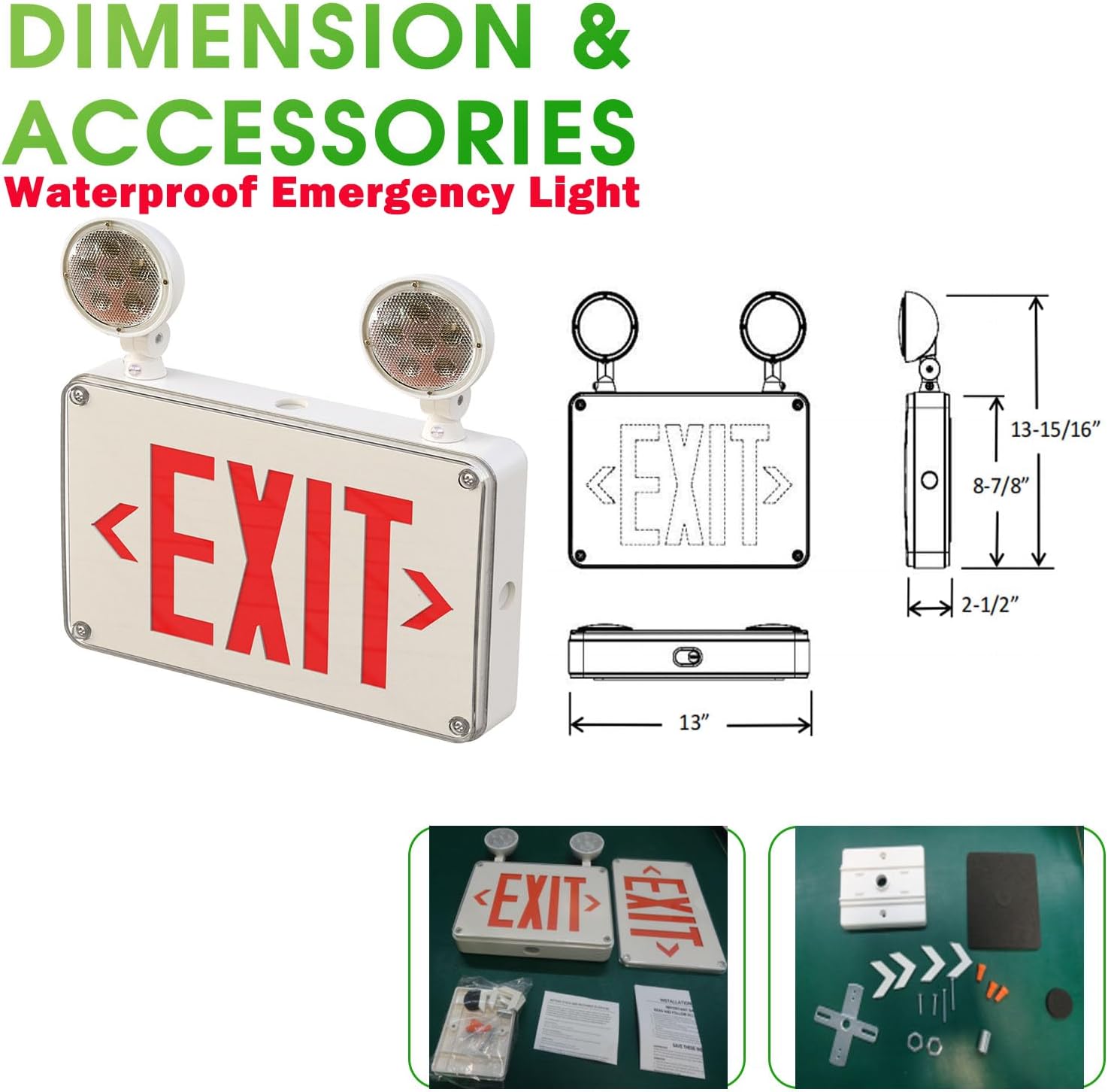 Waterproof LED Emergency Light, Red Letter, Dual Rotational LED Emergency Light with Backup Battery, Commercial Grade, Fire ResistantSuitable for