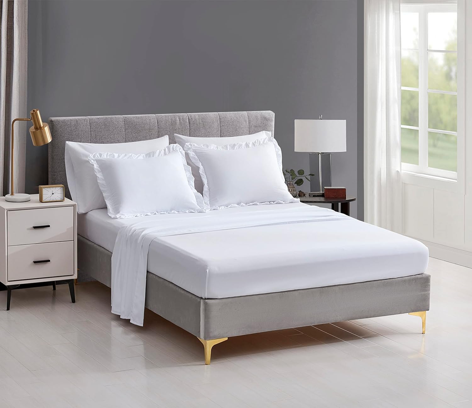 Chezmoi Collection Eleanora – Juego de cama Queen en una bolsa, 7 piezas con ribete de volantes, suave lavado, de microfibra de doble cepillado con