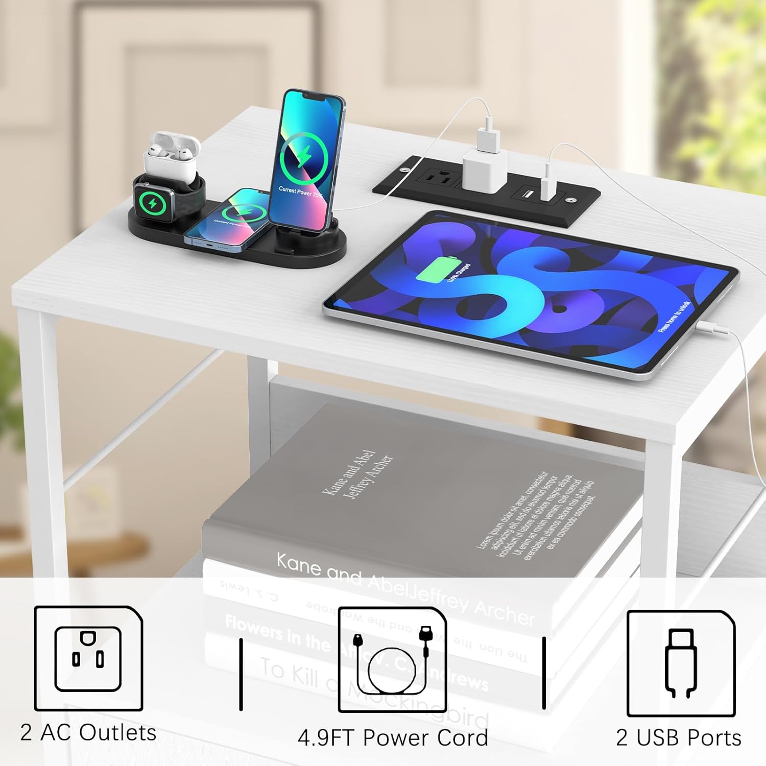 Mesita de noche blanca con estación de carga, mesa auxiliar con cajón, mesita de noche alta con puertos USB y tomacorrientes, mesita de noche de 3