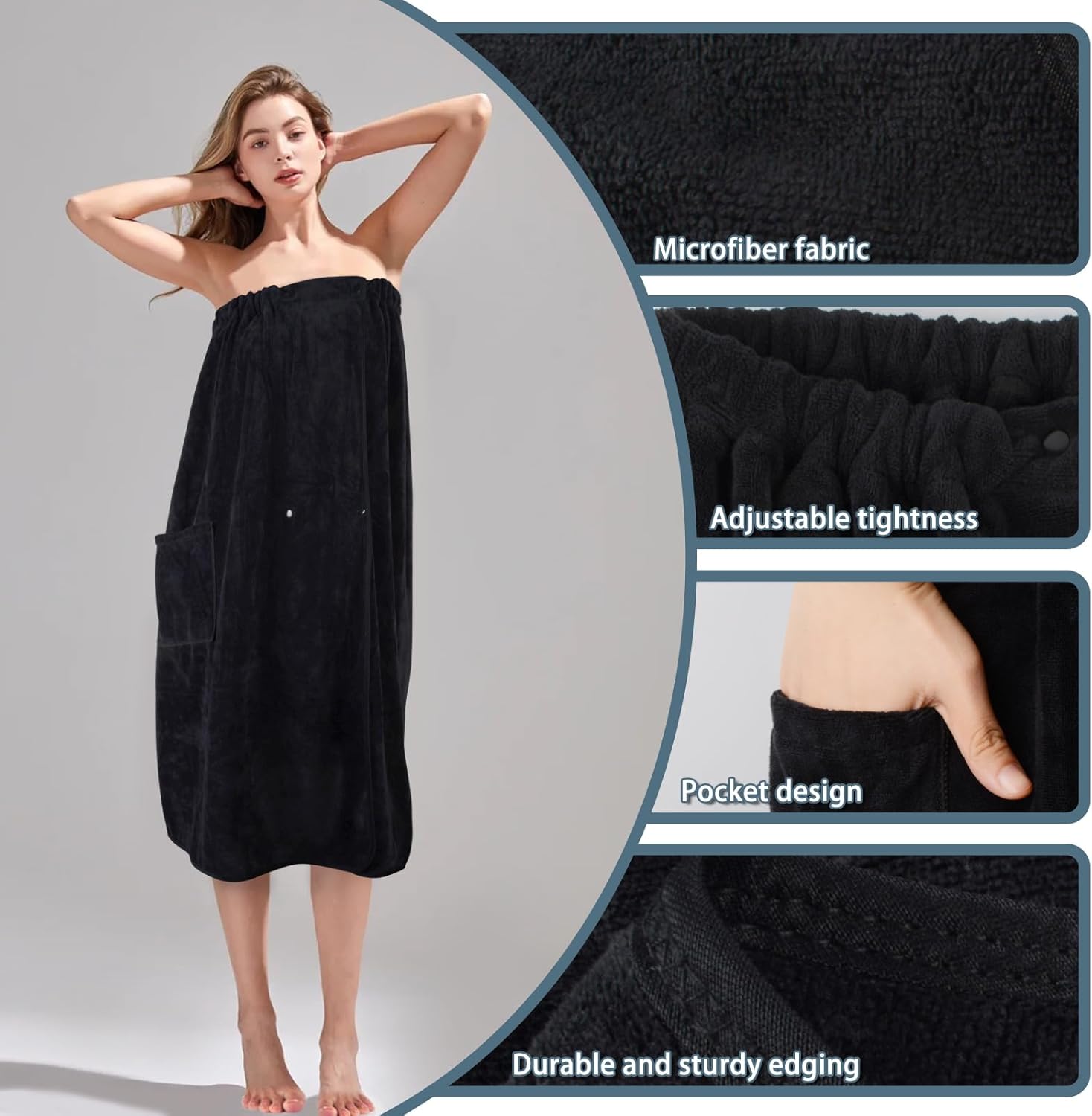 SINLAND Toallas de baño de microfibra ligeras hasta la rodilla para mujer, con cierre ajustable, 32 x 60 pulgadas, color negro